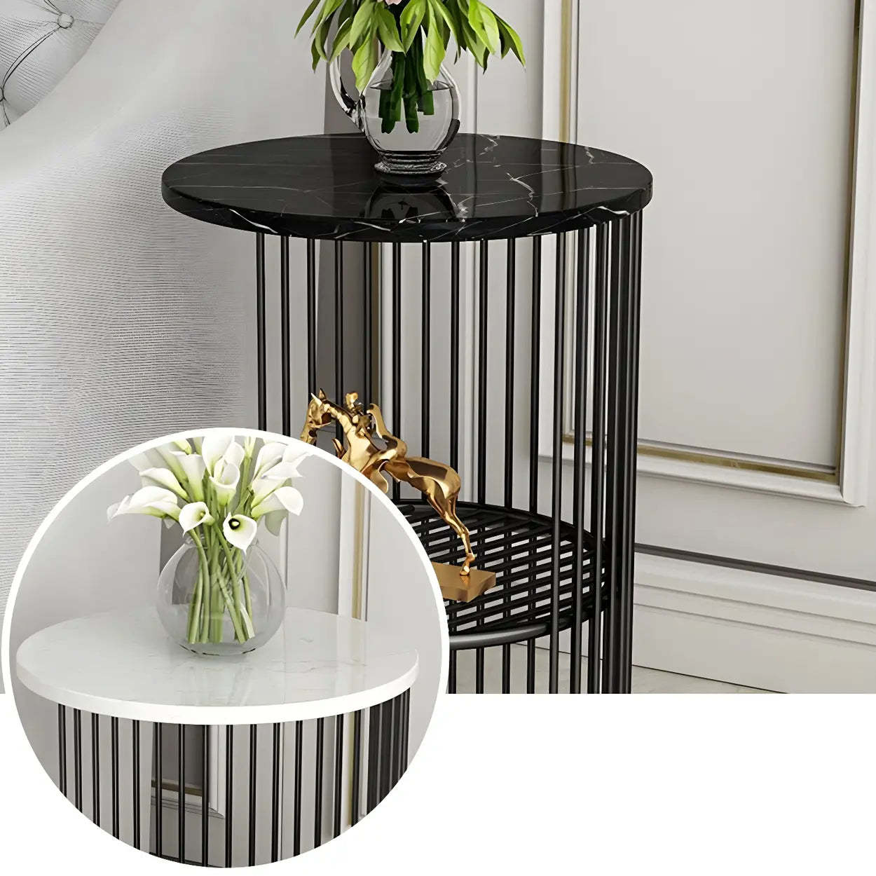 Lighom mid-century round 2-tier wood display cabinets in metal fabric marble