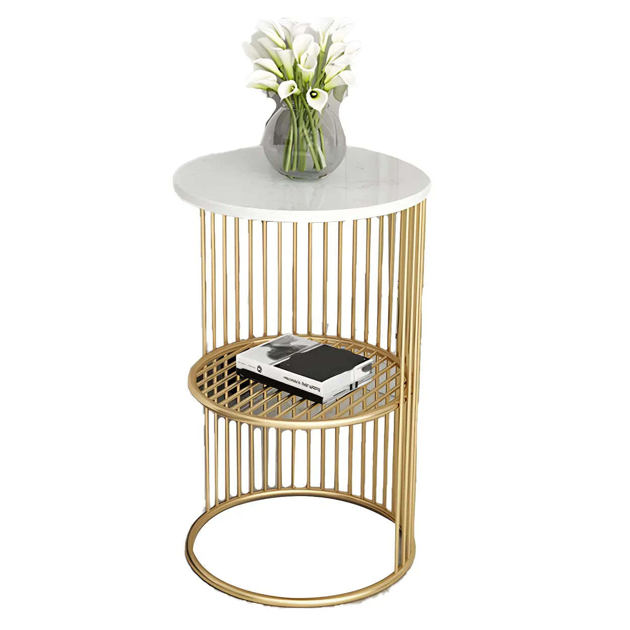 Lighom mid-century 2-tier round metal fabric marble display cabinets