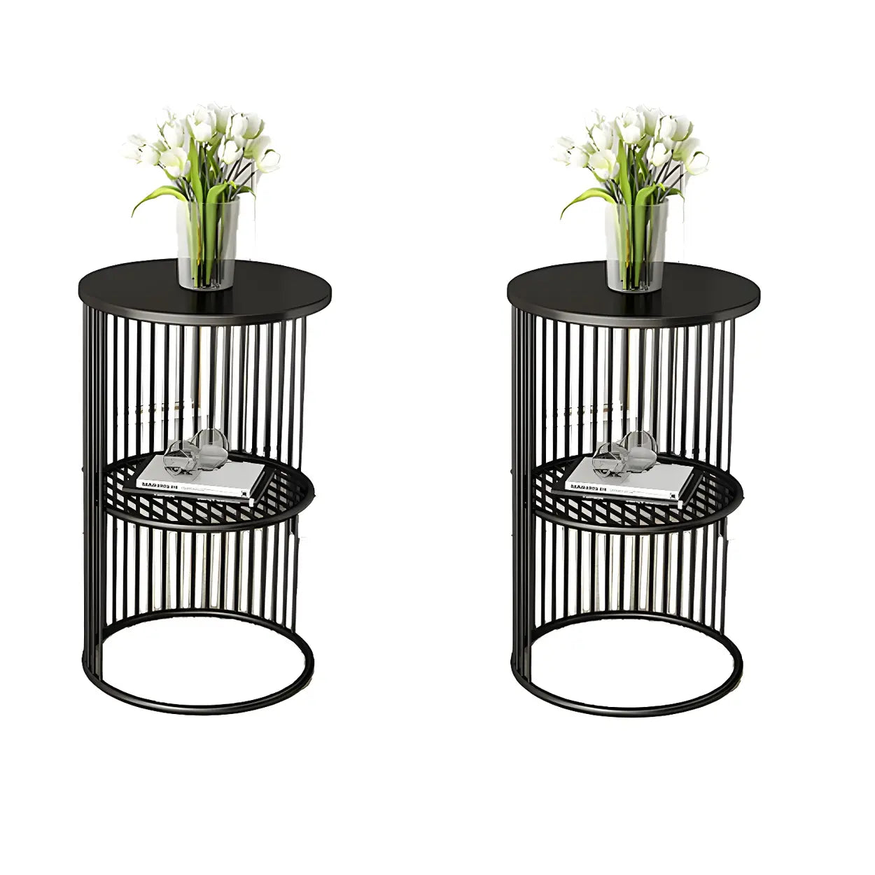 Wood mid-century 2-tier round display cabinets — Marble / 1-Table / Gold