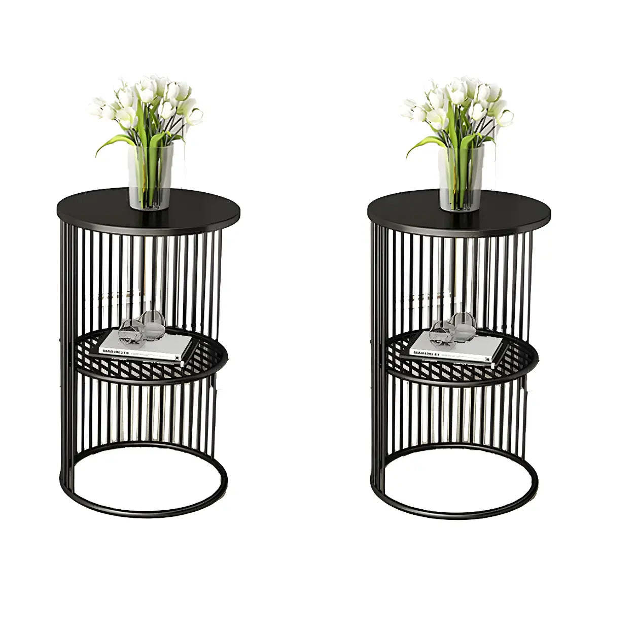 Wood mid-century 2-tier round display cabinets — Marble / 1-Table / Gold
