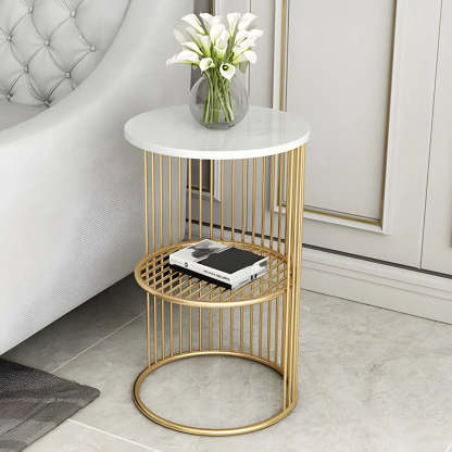 Mid-century round 2-tier display cabinets in marble — 2-Table / Black