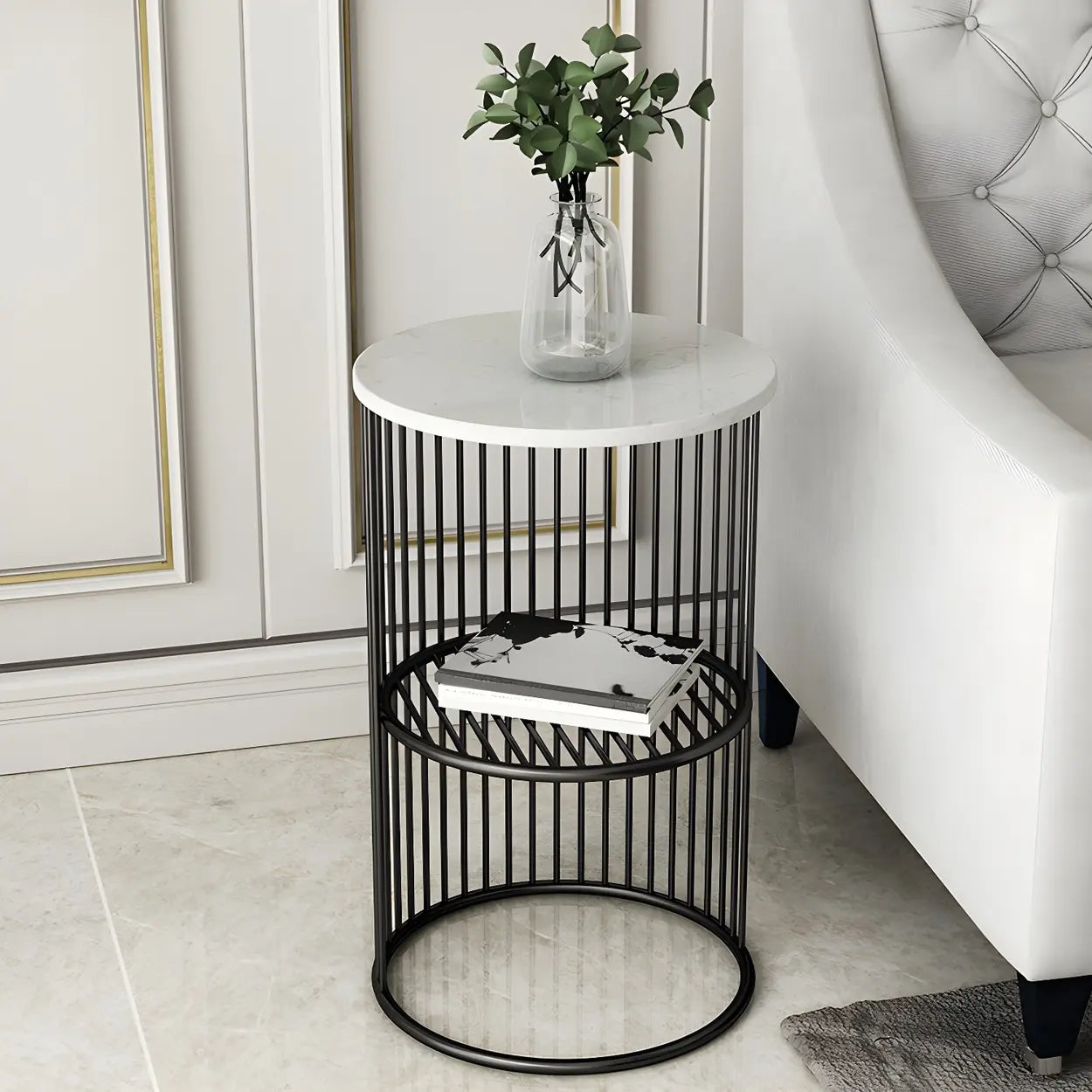 Round 2-Tier Metal Side Table — Gold / Marble / 1