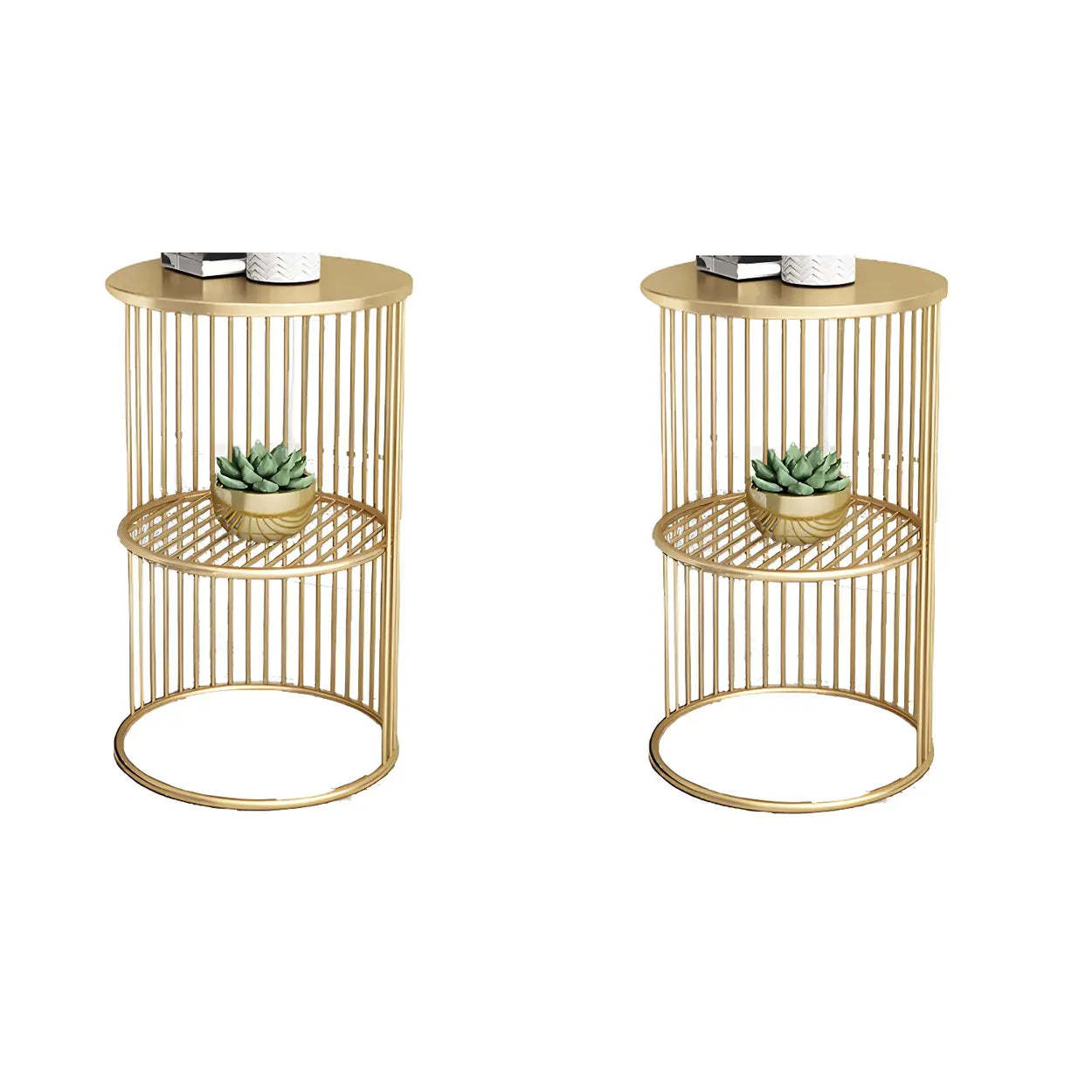 Round 2-Tier Metal Side Table — Gold / Marble / 2