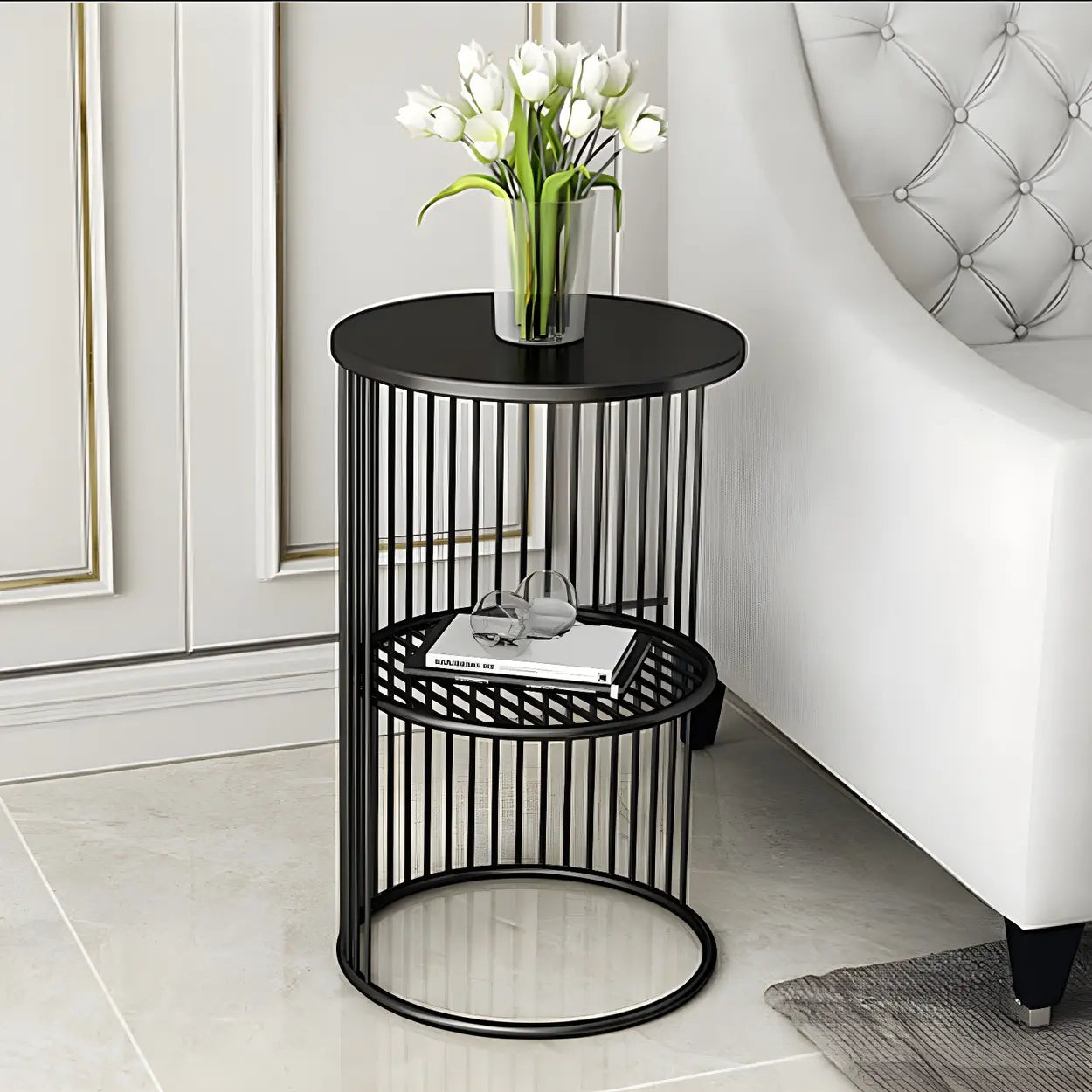 Mid-century round 2-tier wood display cabinets, Lighom — Aluminum / 2-Table / Black