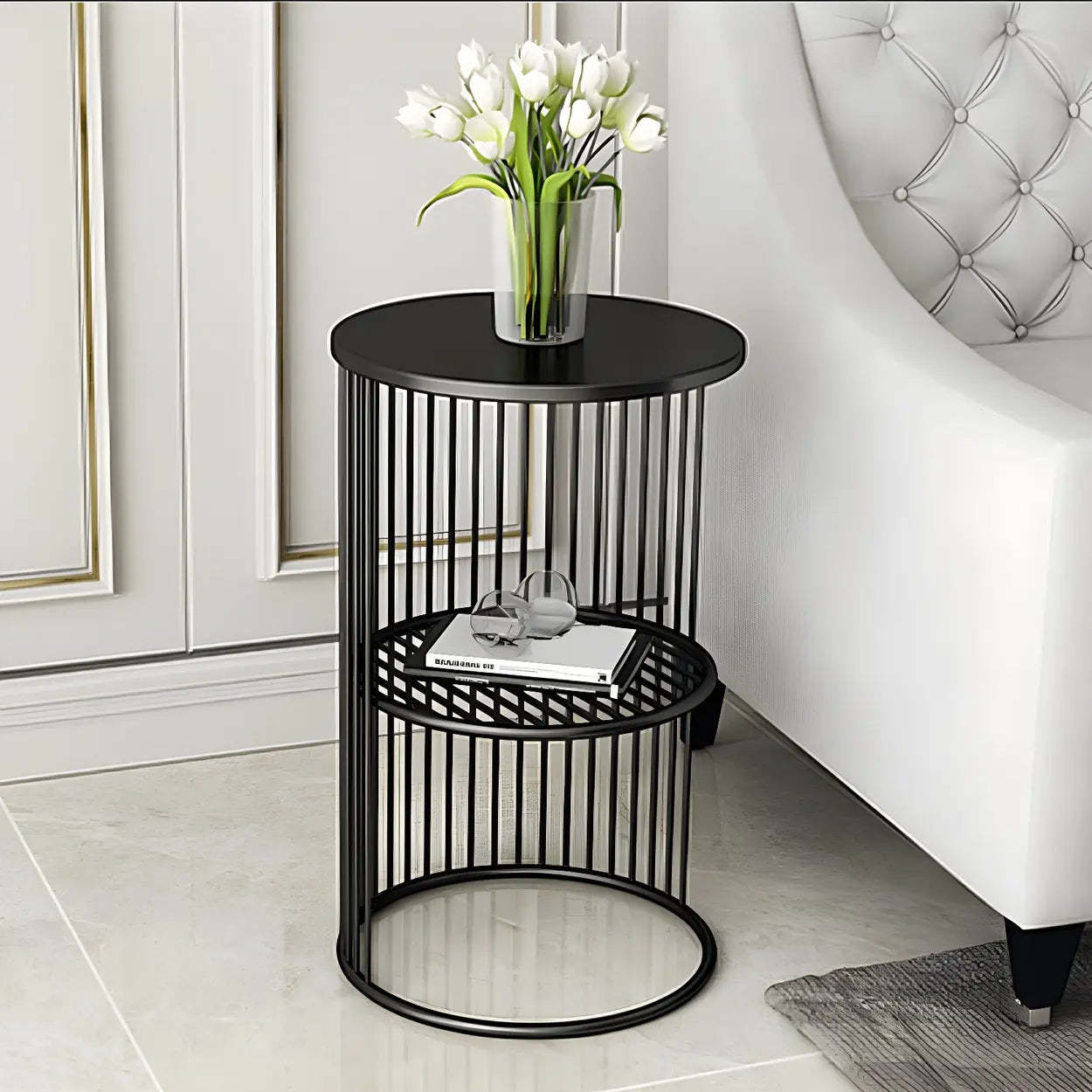 Mid-century round 2-tier wood display cabinets, Lighom — Aluminum / 2-Table / Black