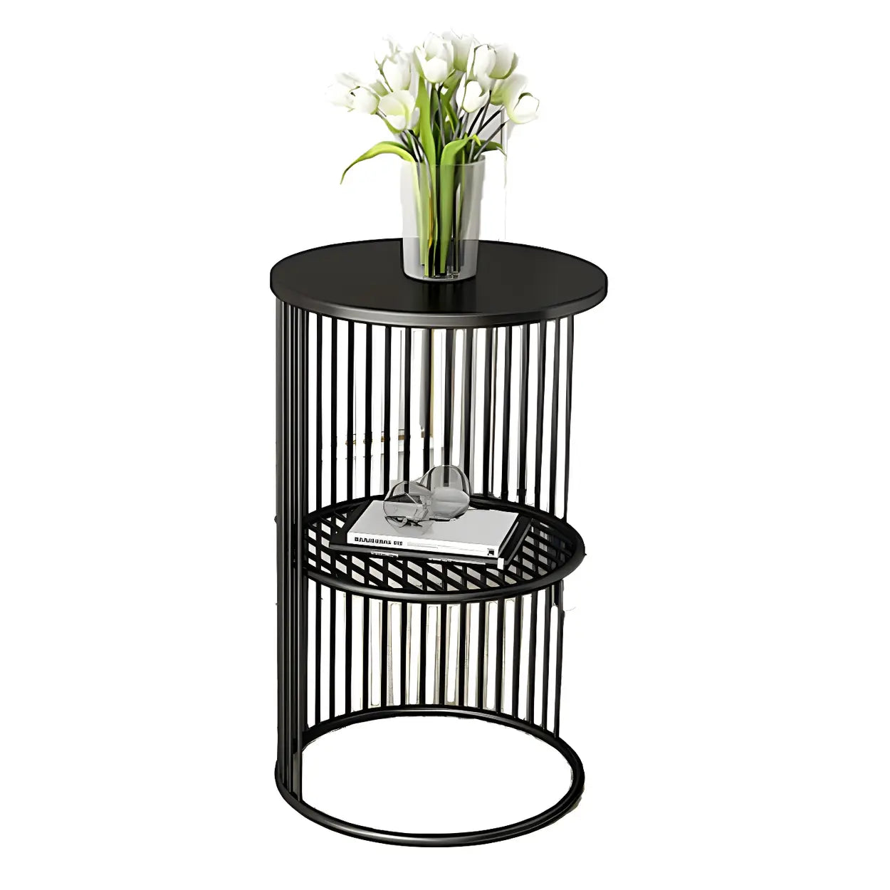 Mid-century 2-tier round display cabinets in metal fabric marble