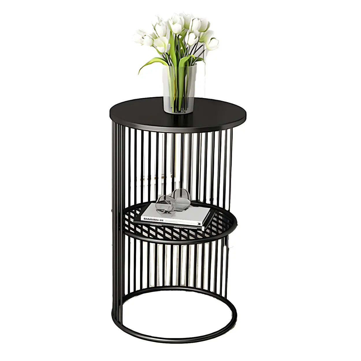 Mid-century 2-tier round display cabinets in metal fabric marble