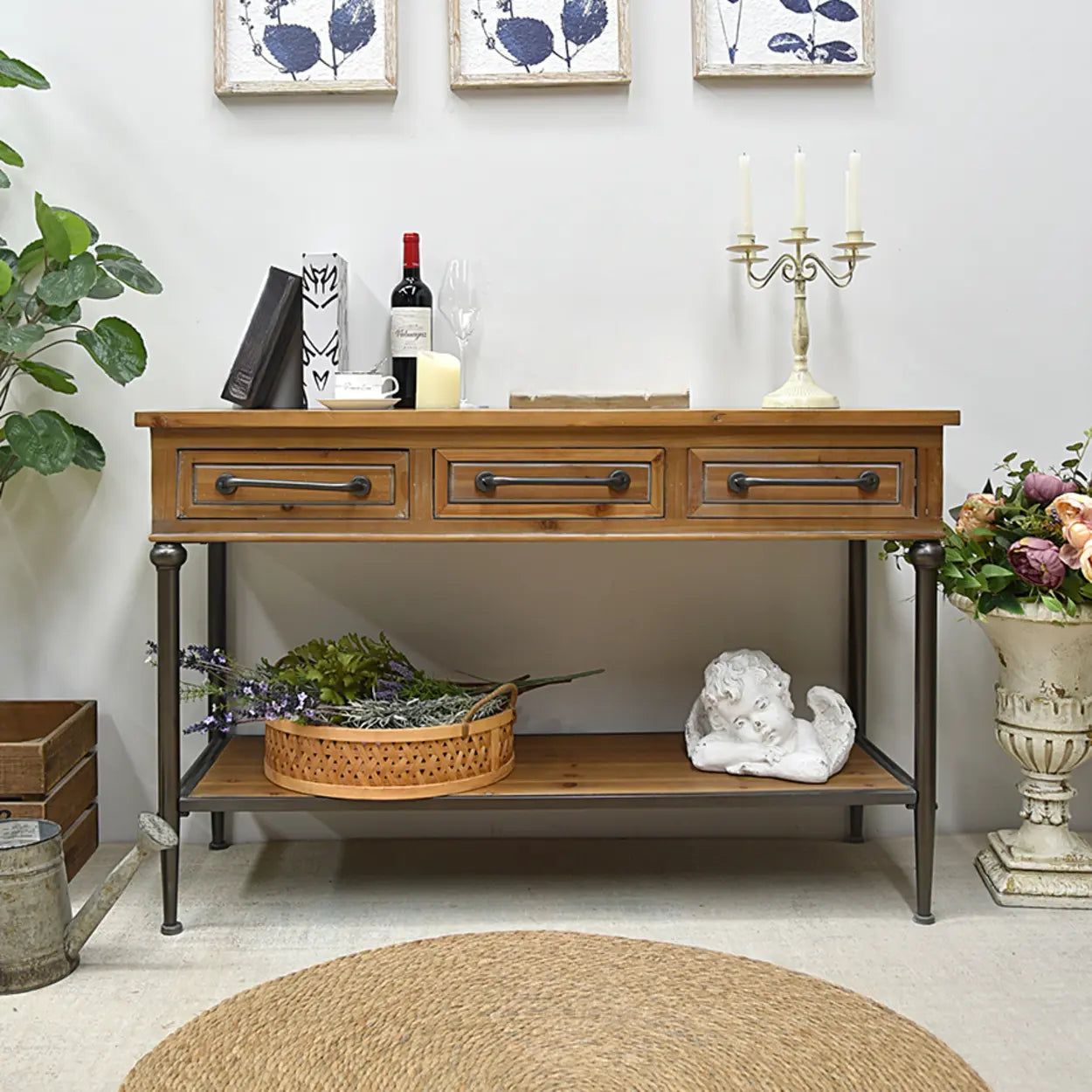 Rustic Wood Brown Console Table with Shelf