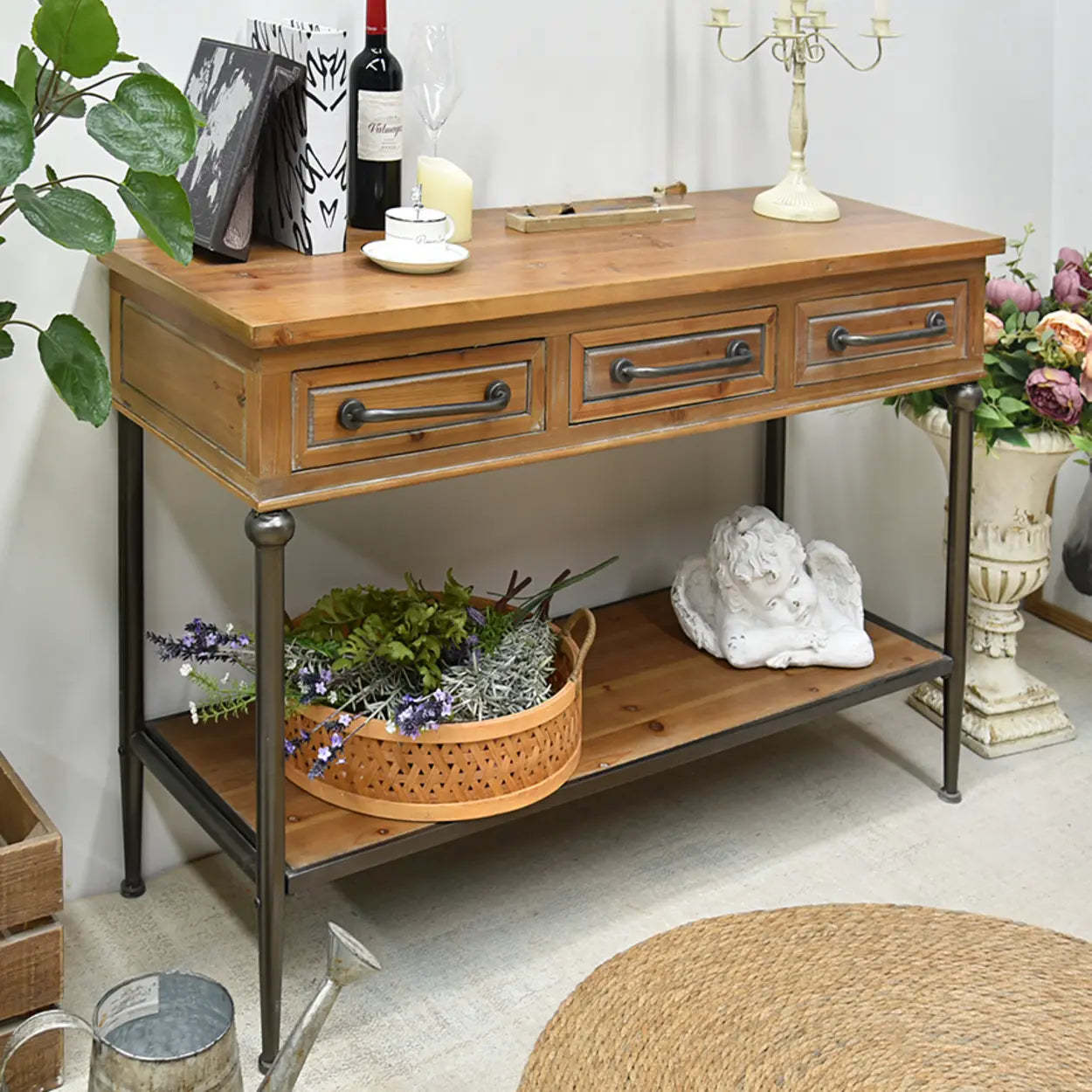 Rustic Wood Brown Console Table with Shelf