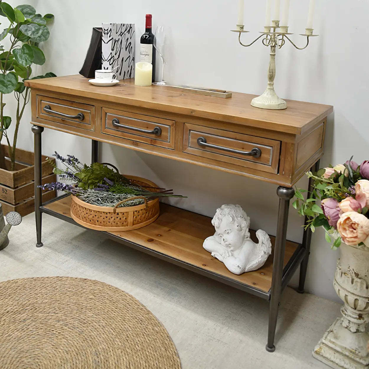 Rustic Wood Brown Console Table with Shelf