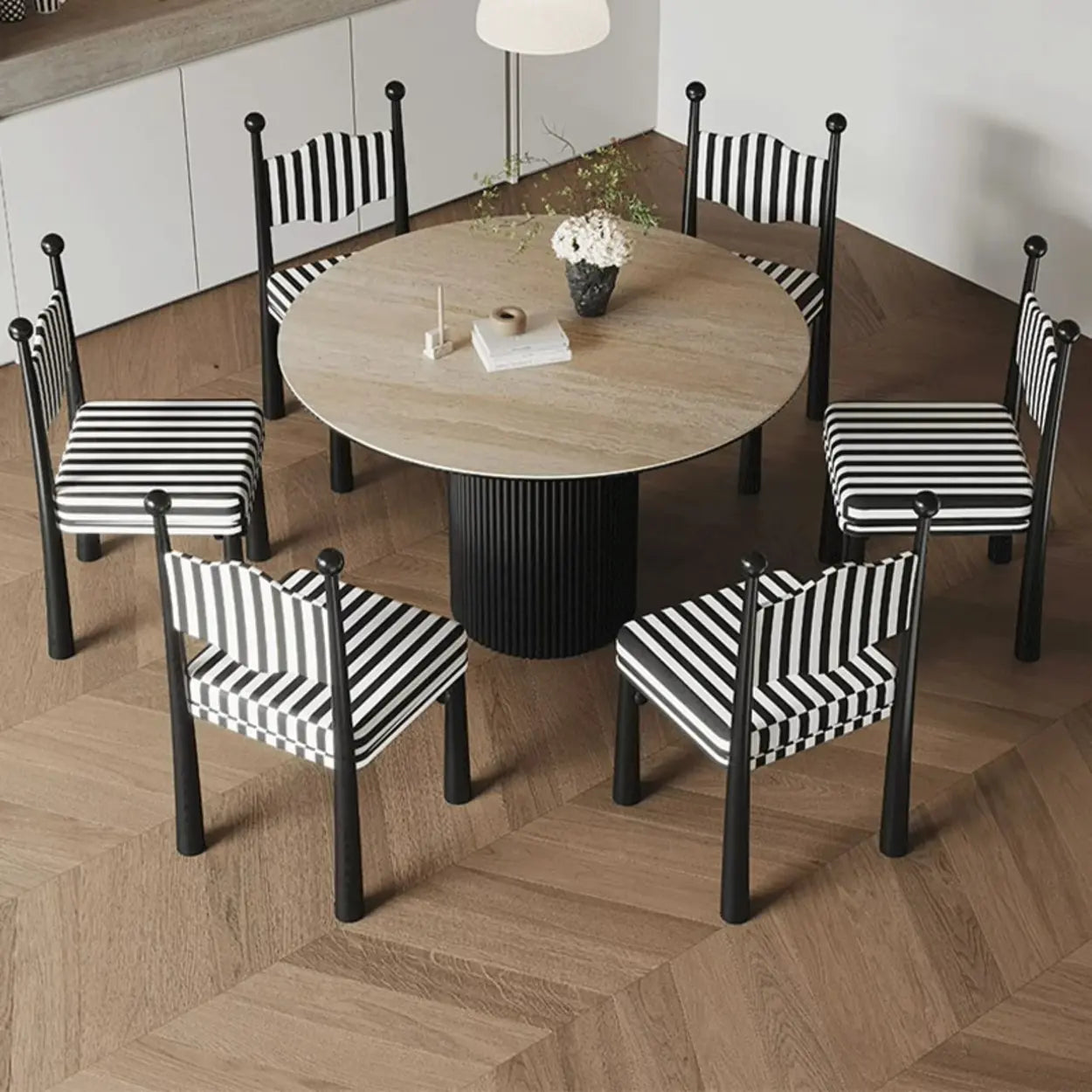 Striped Upholstered Wood Open-Back Dining Side Chair