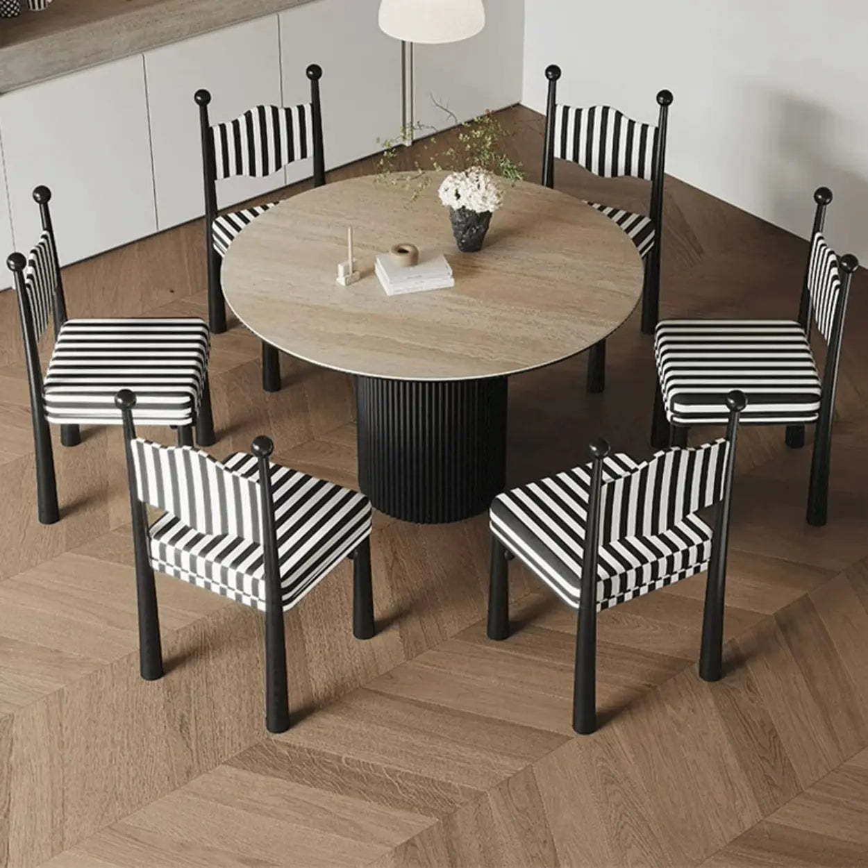 Striped Upholstered Wood Open-Back Dining Side Chair