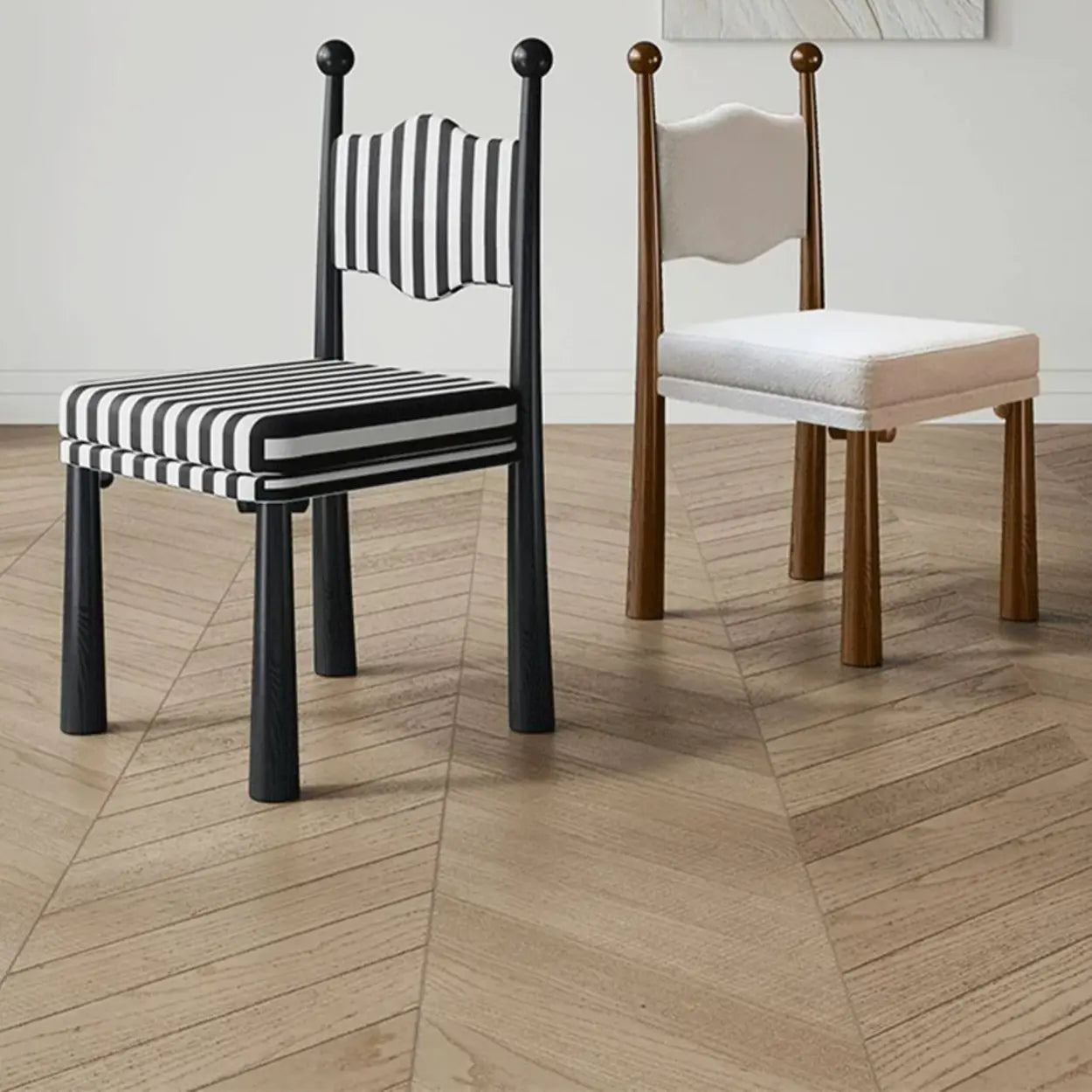 Striped Upholstered Wood Open-Back Dining Side Chair