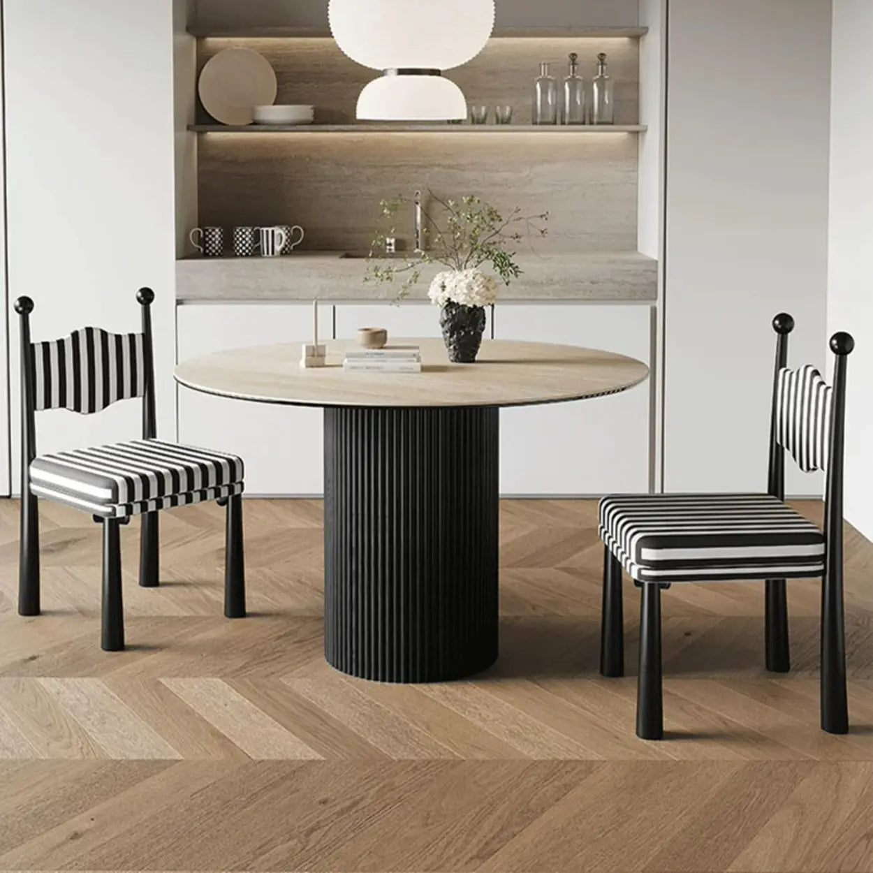Striped Upholstered Wood Open-Back Dining Side Chair