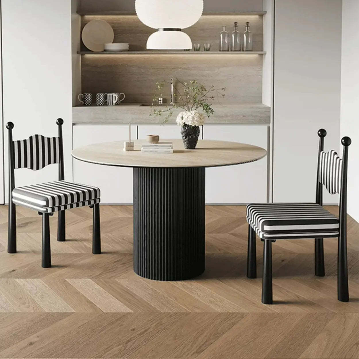 Striped Upholstered Wood Open-Back Dining Side Chair