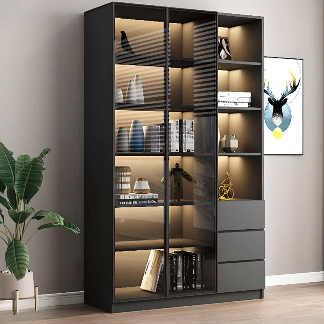 Black modern storage display wine cabinets — 47" L x 13" W x 79" H / 3-Drawer