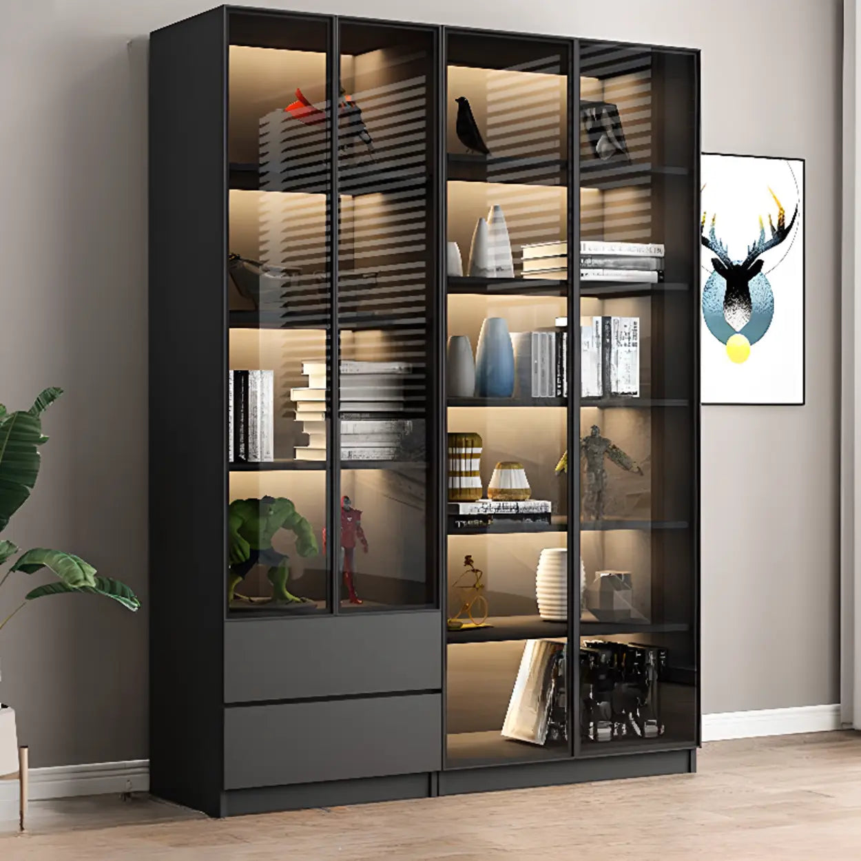 Black Metal Multi-Shelf Display Cabinet — Drawer Not Included