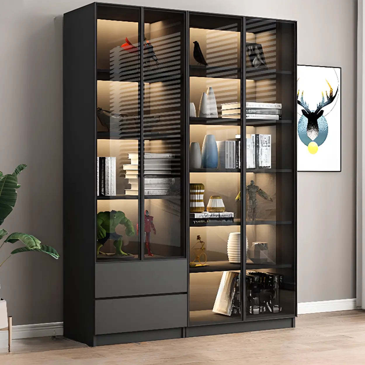 Black Metal Multi-Shelf Display Cabinet — Drawer Not Included