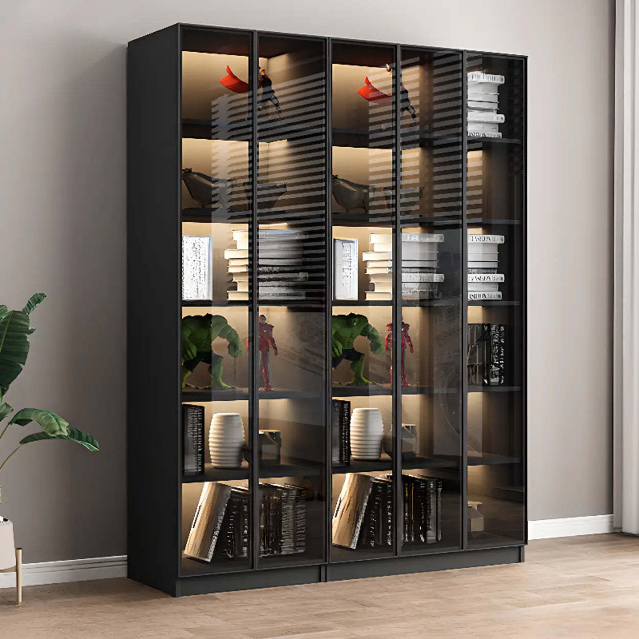 Modern multi-shelf display black metal wine cabinets, Lighom — 59" L x 13" W x 79" H / No Drawer