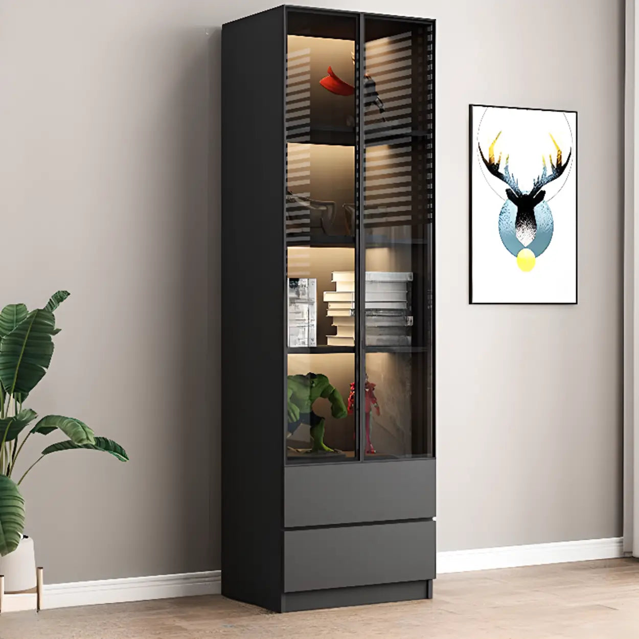 Black Metal Multi-Shelf Display Cabinet — Drawer Not Included