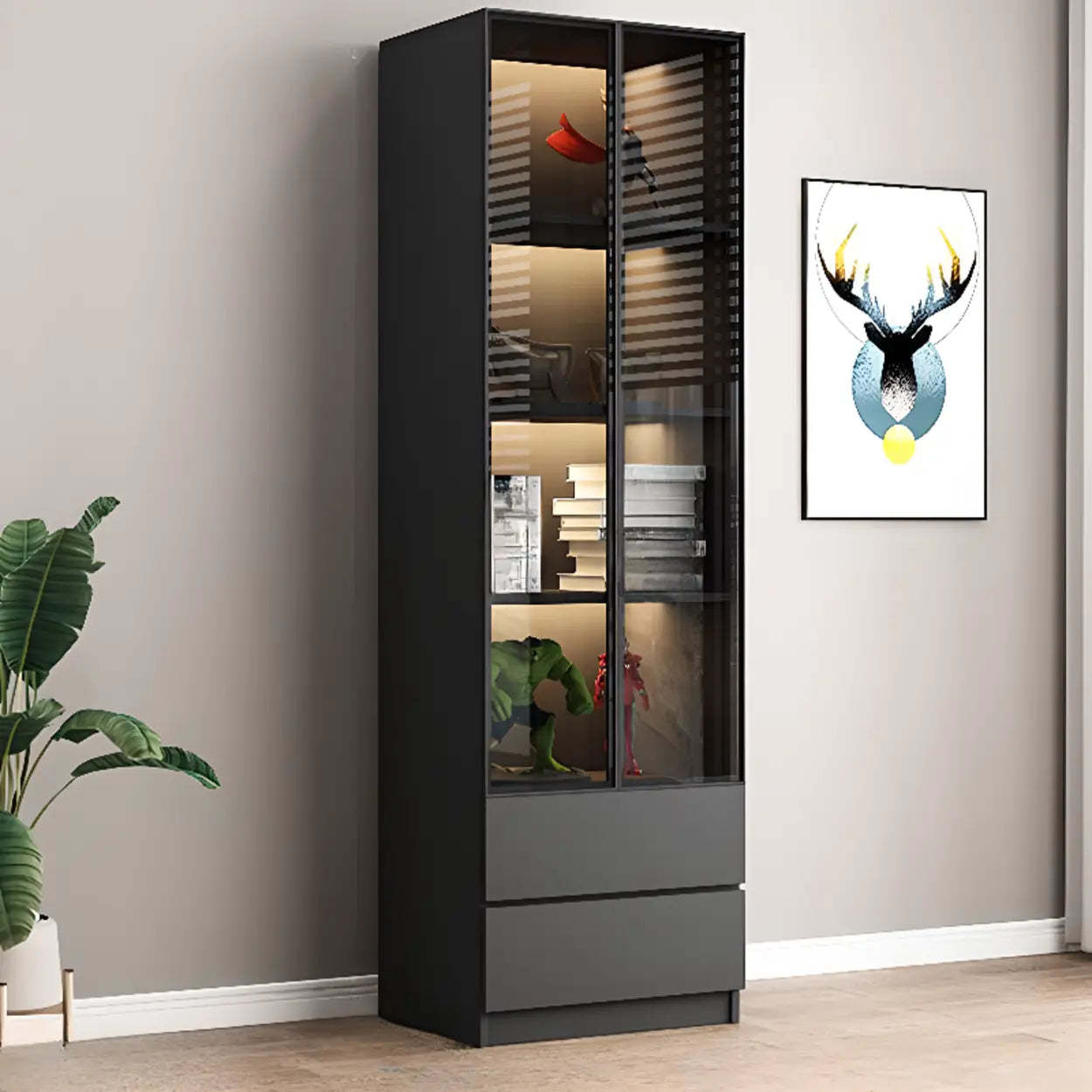 Black Metal Multi-Shelf Display Cabinet — Drawer Not Included