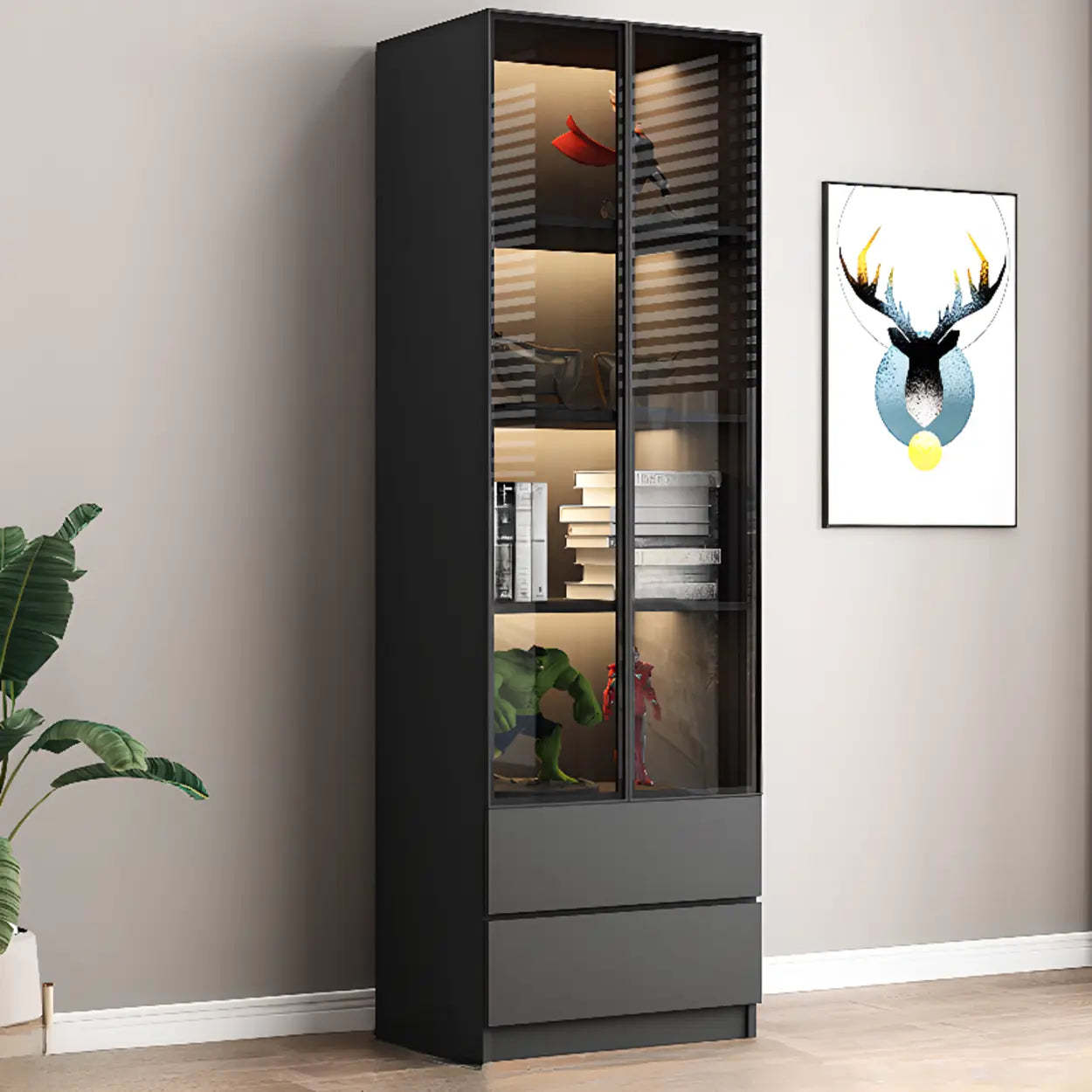 Lighom modern storage display black wine cabinets in metal — 31.5" L x 12.6" W x 78.7" H / 2-Drawer