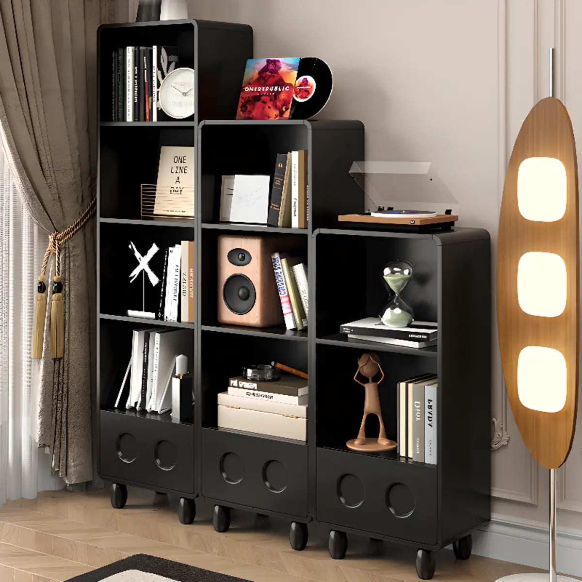 Stylish Black Rectangular Wood Sliding Bookcase — 3
