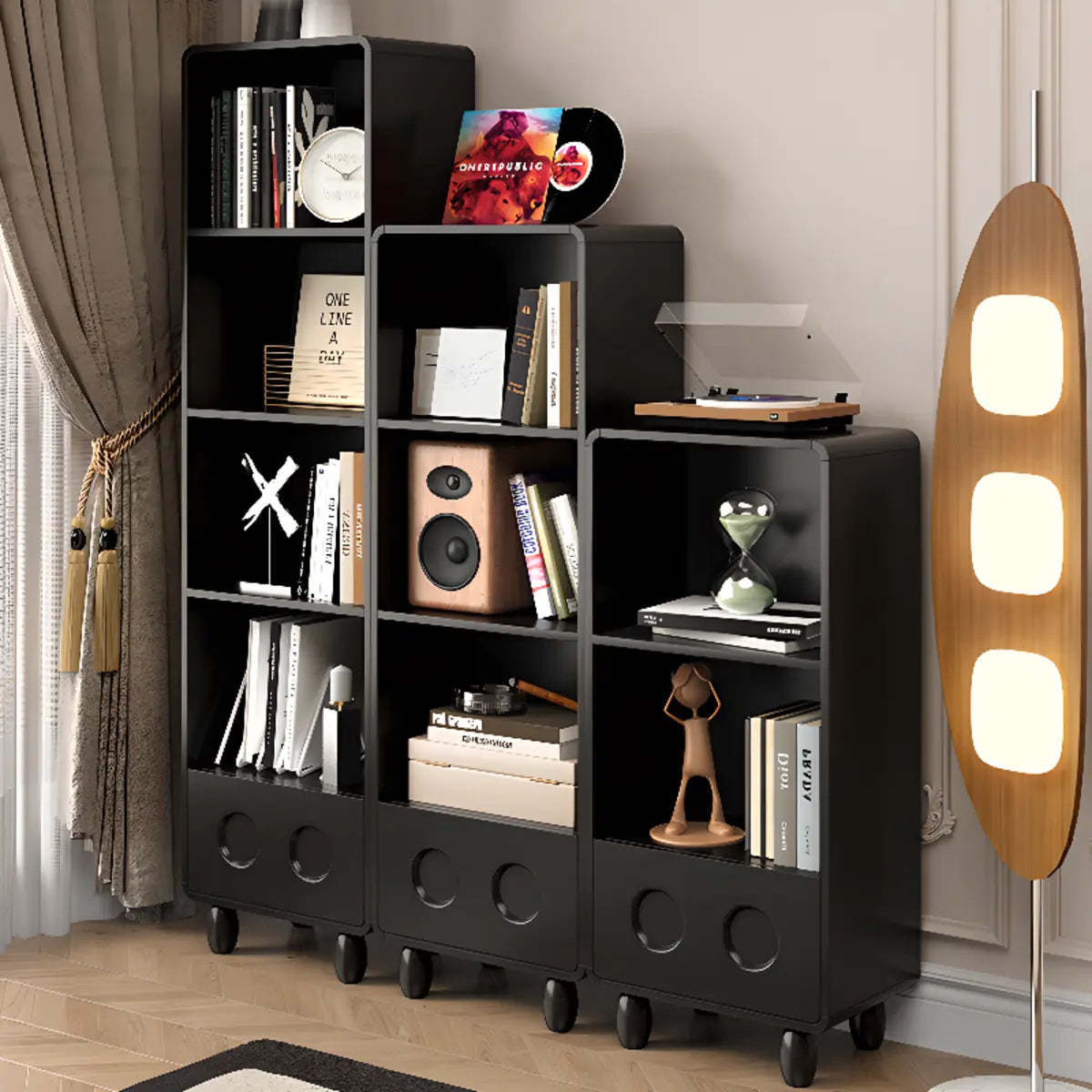 Stylish Black Rectangular Wood Sliding Bookcase — 3