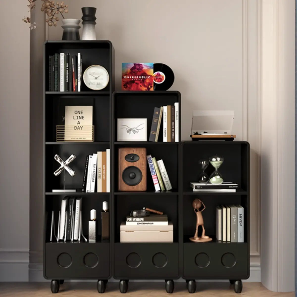 Stylish Black Rectangular Wood Sliding Bookcase — 5