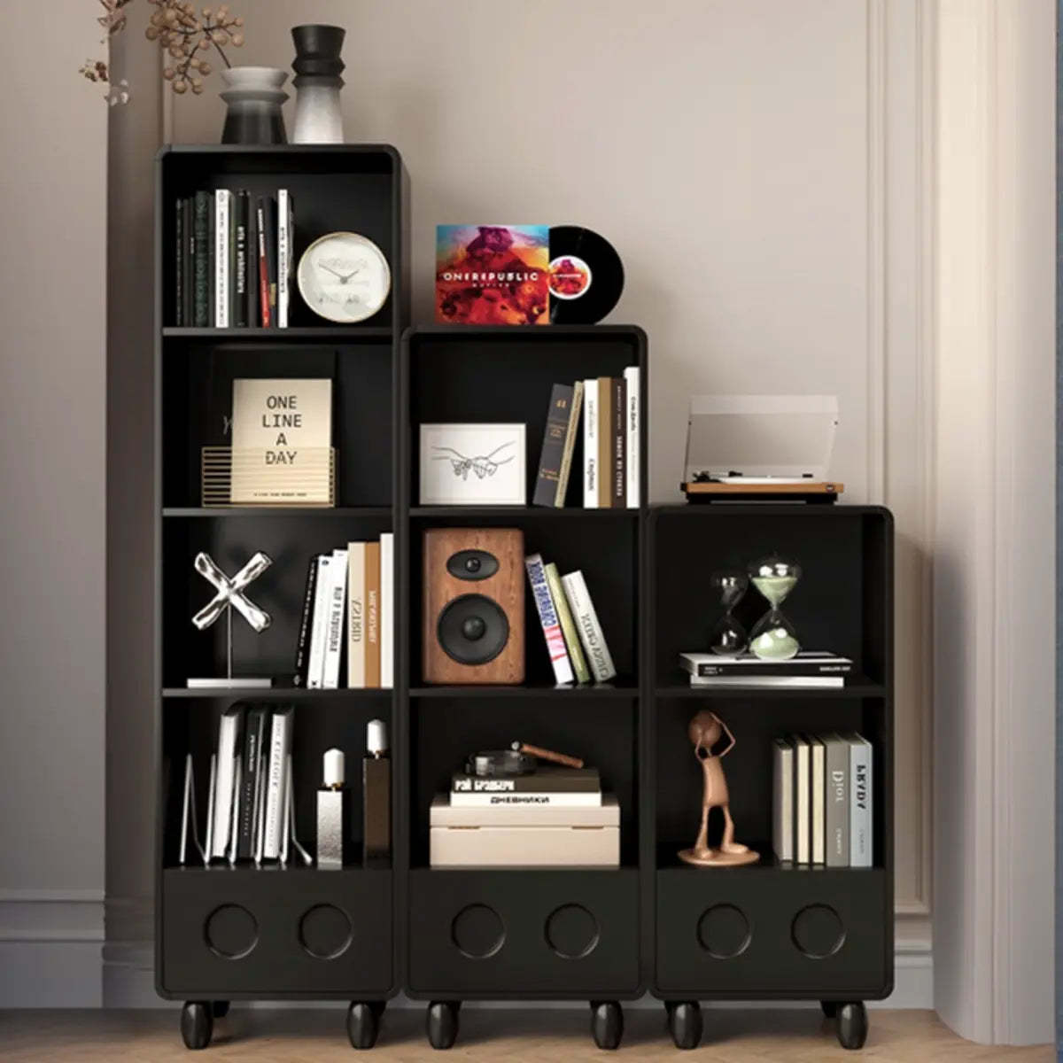 Stylish Black Rectangular Wood Sliding Bookcase — 5