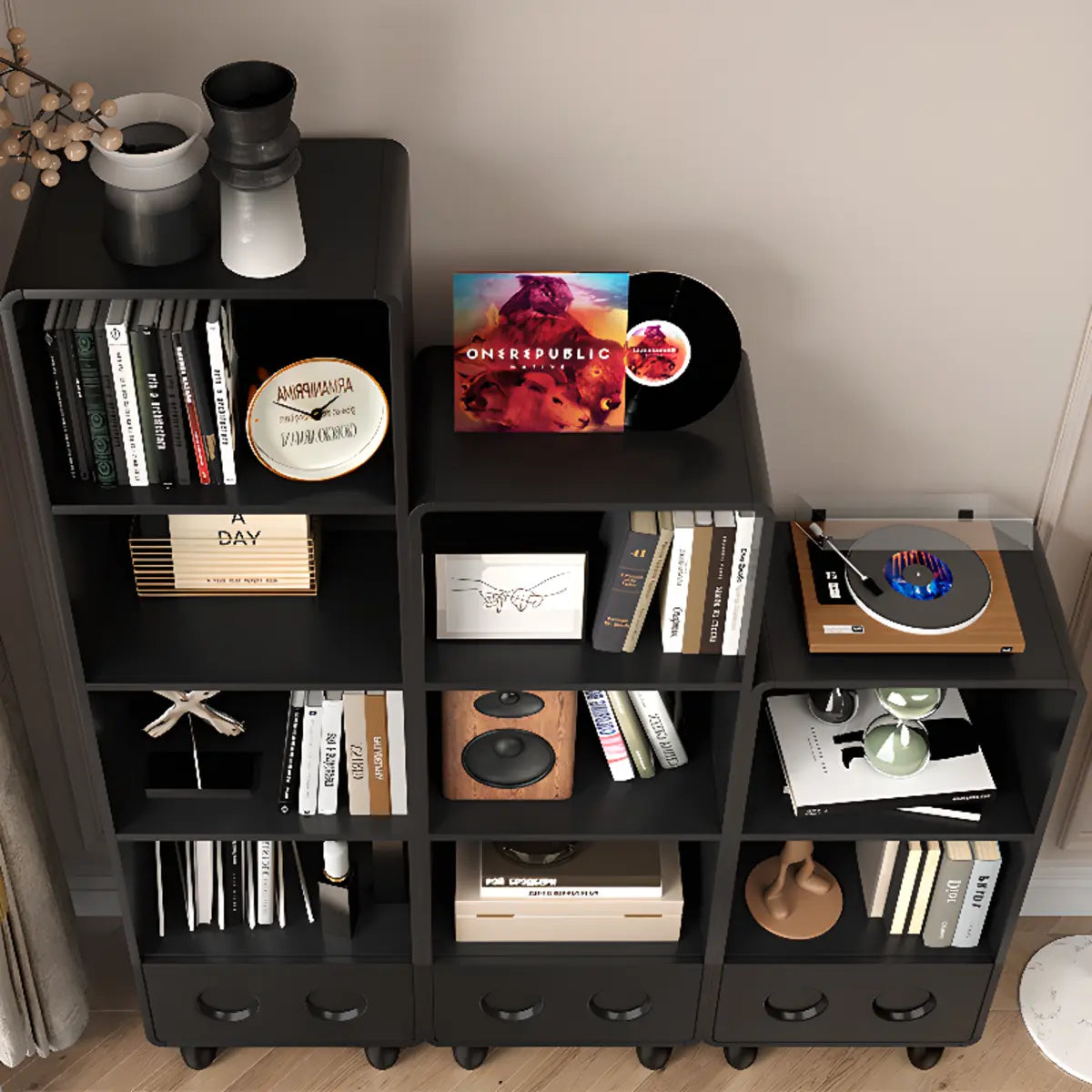 Stylish Black Rectangular Wood Sliding Bookcase