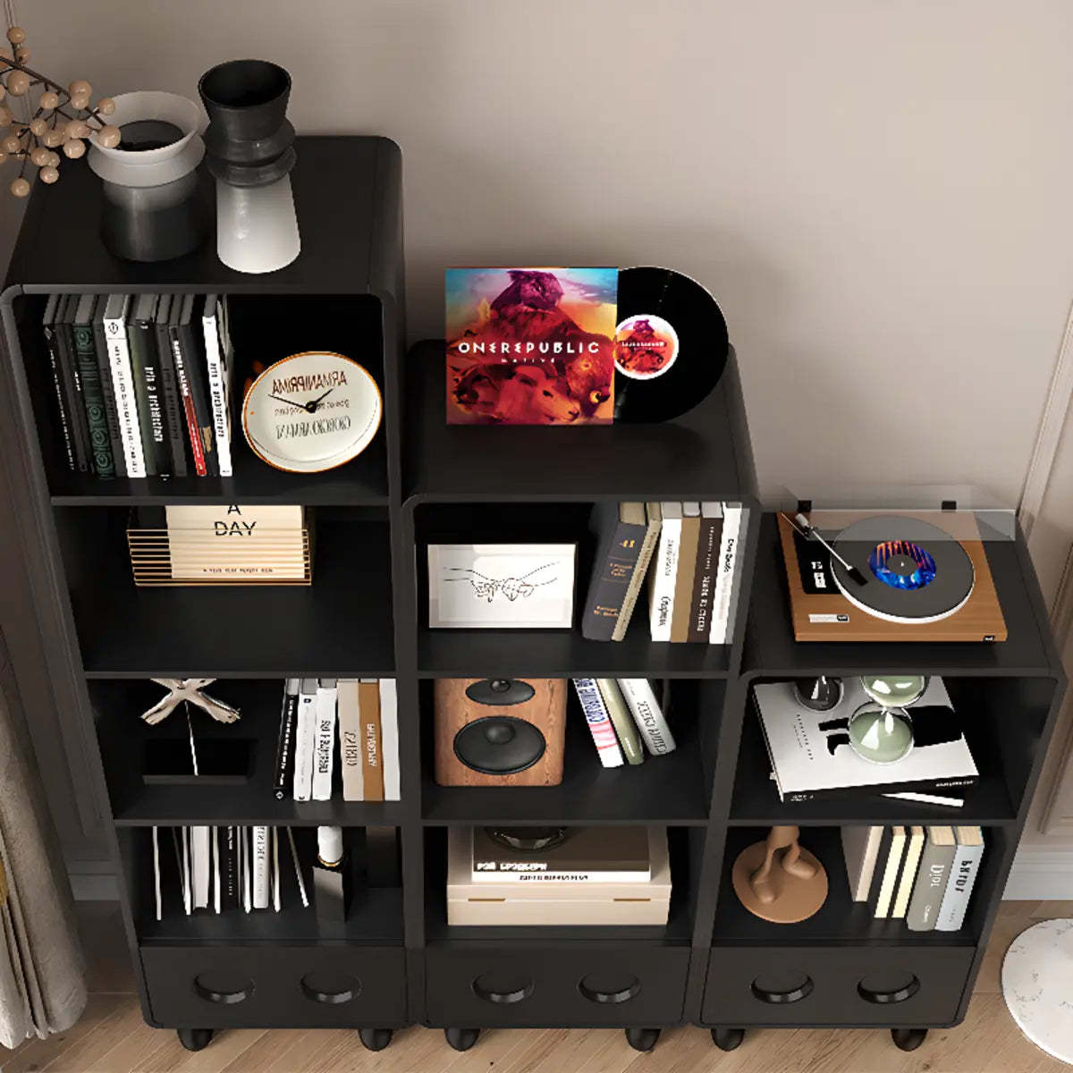 Stylish Black Rectangular Wood Sliding Bookcase