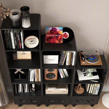 Stylish Black Rectangular Wood Sliding Bookcase