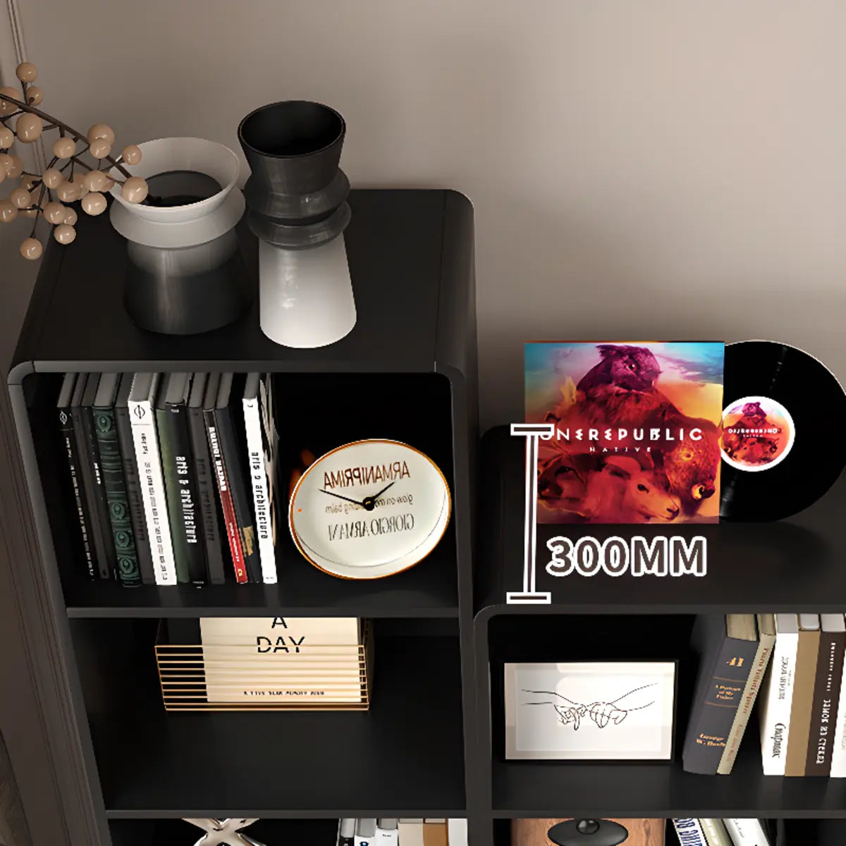 Stylish Black Rectangular Wood Sliding Bookcase