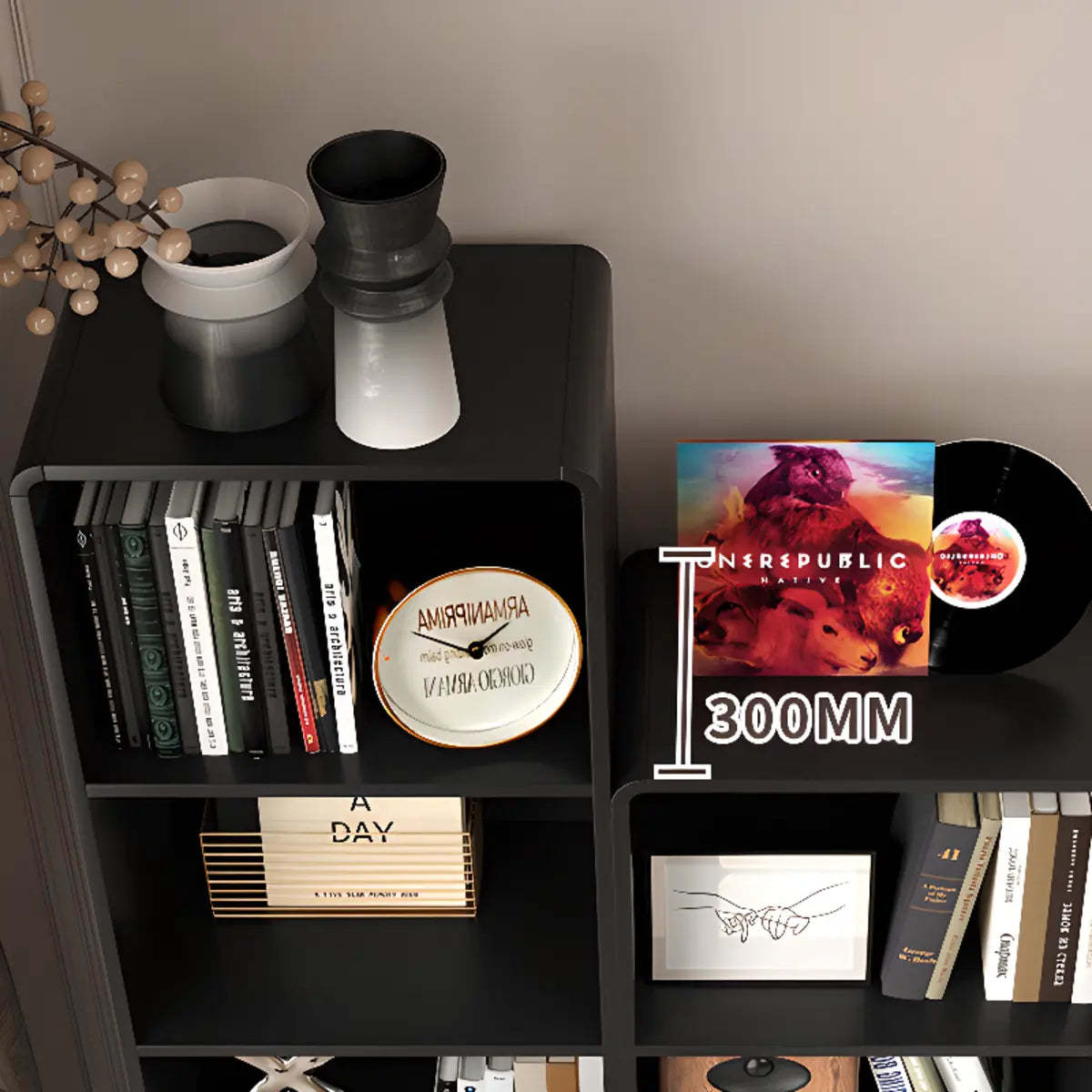 Stylish Black Rectangular Wood Sliding Bookcase