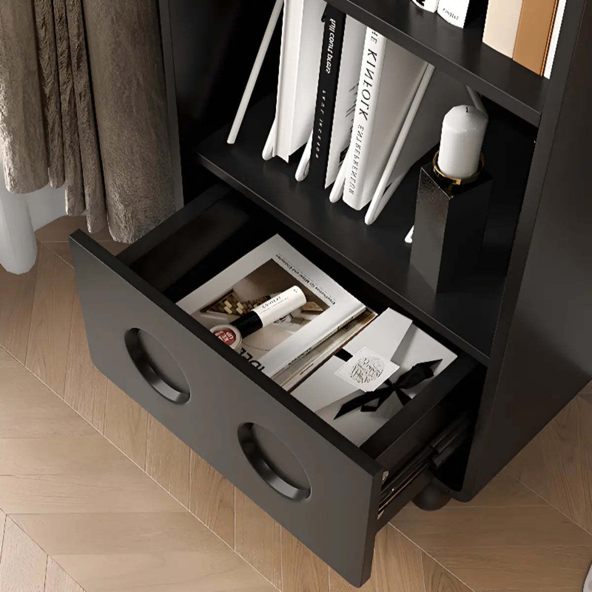 Stylish Black Rectangular Wood Sliding Bookcase