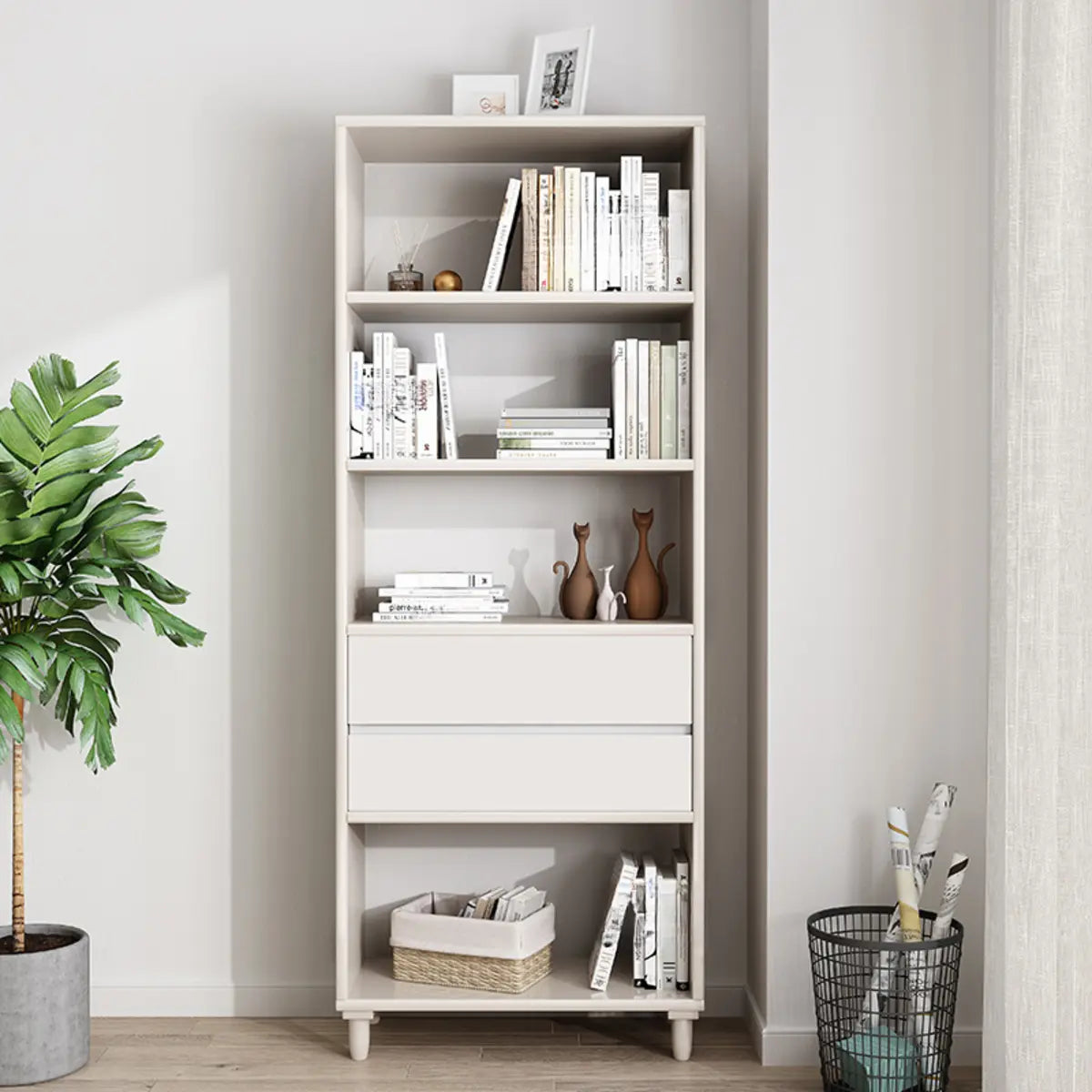 Stylish French Wood Vertical Storage Bookcase — Natural Finish
