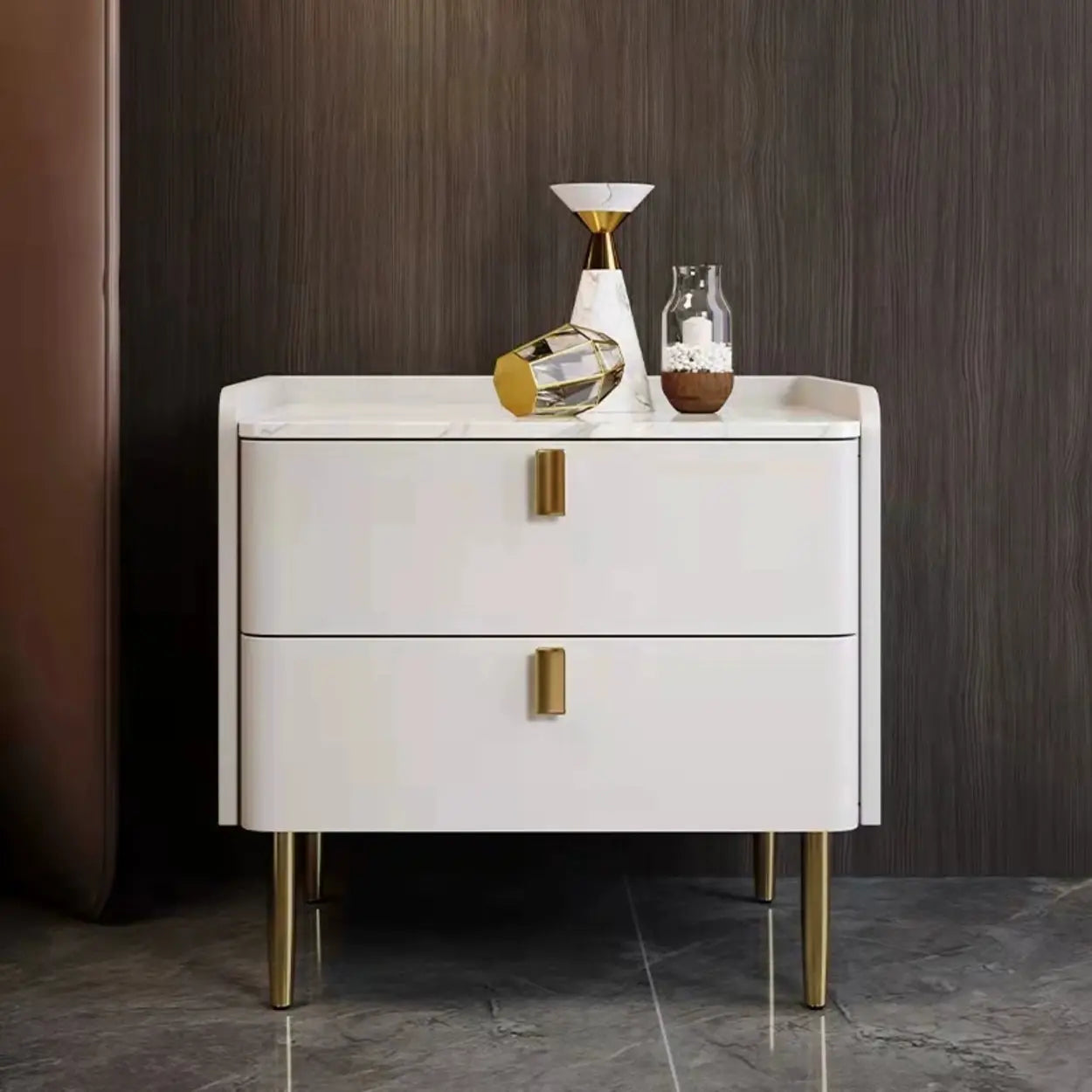 Stylish White Marble Top Nightstand with Drawers