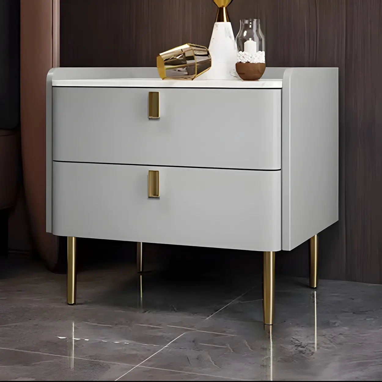Stylish White Marble Top Nightstand with Drawers