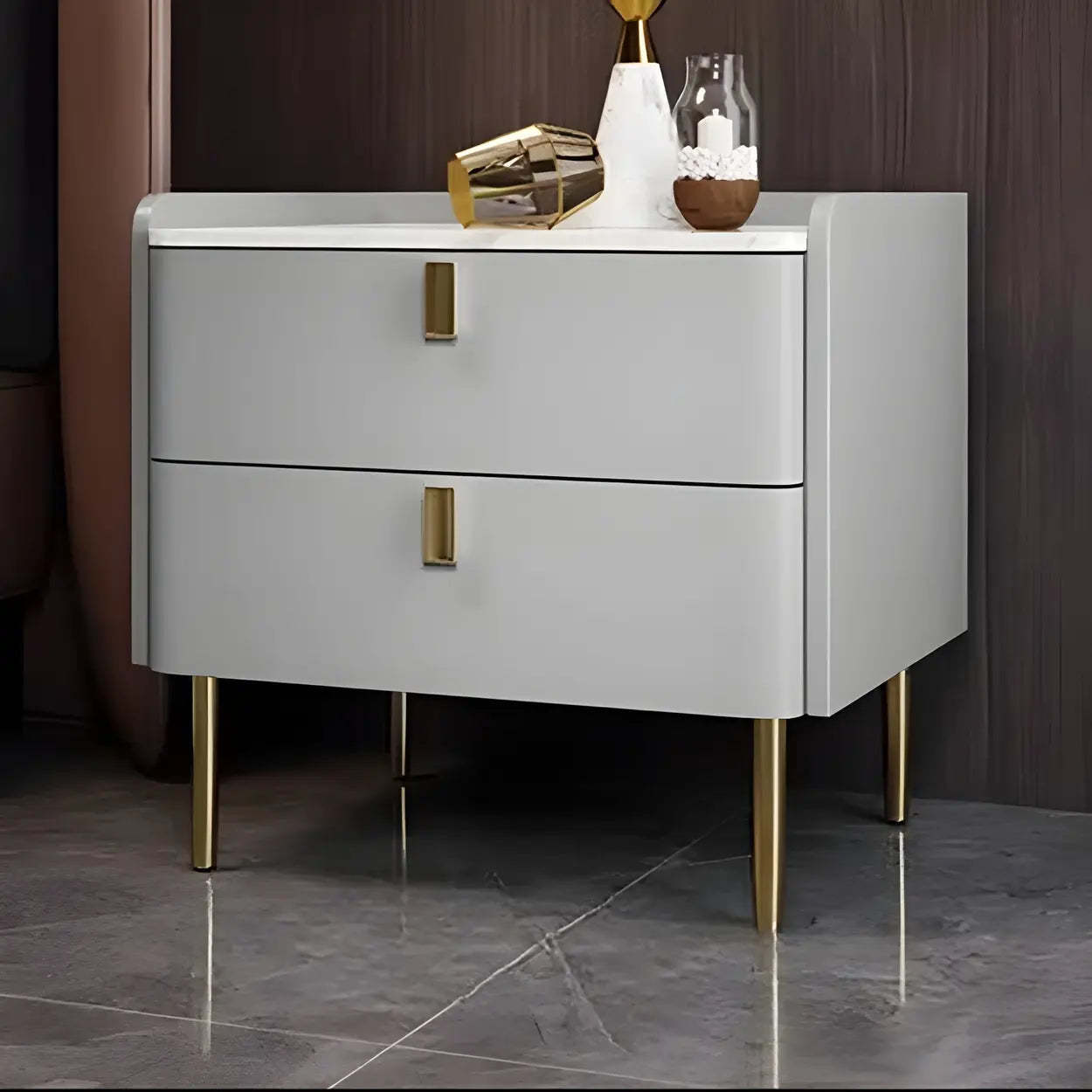 Stylish White Marble Top Nightstand with Drawers — Light Gray