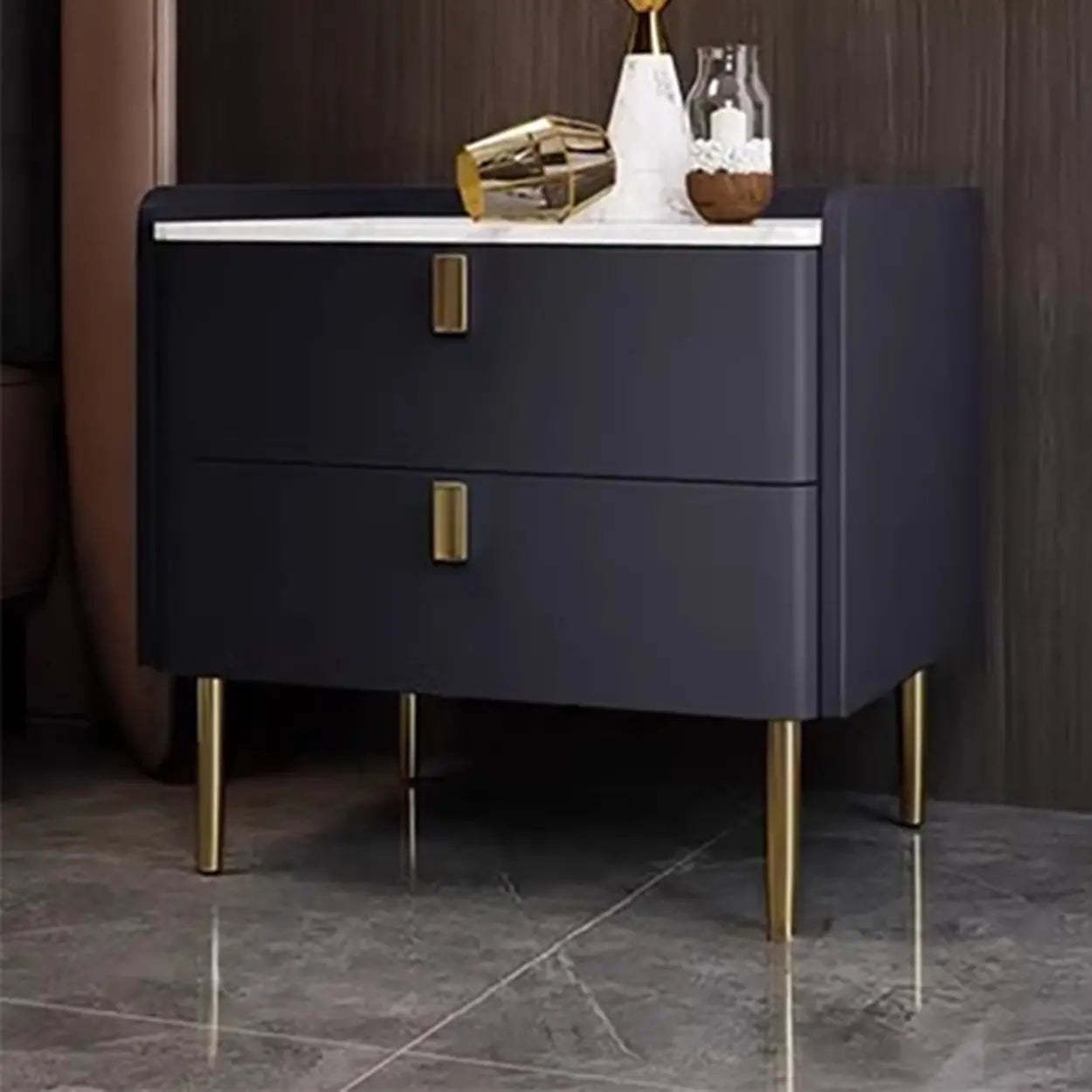 Stylish White Marble Top Nightstand with Drawers — Light Gray