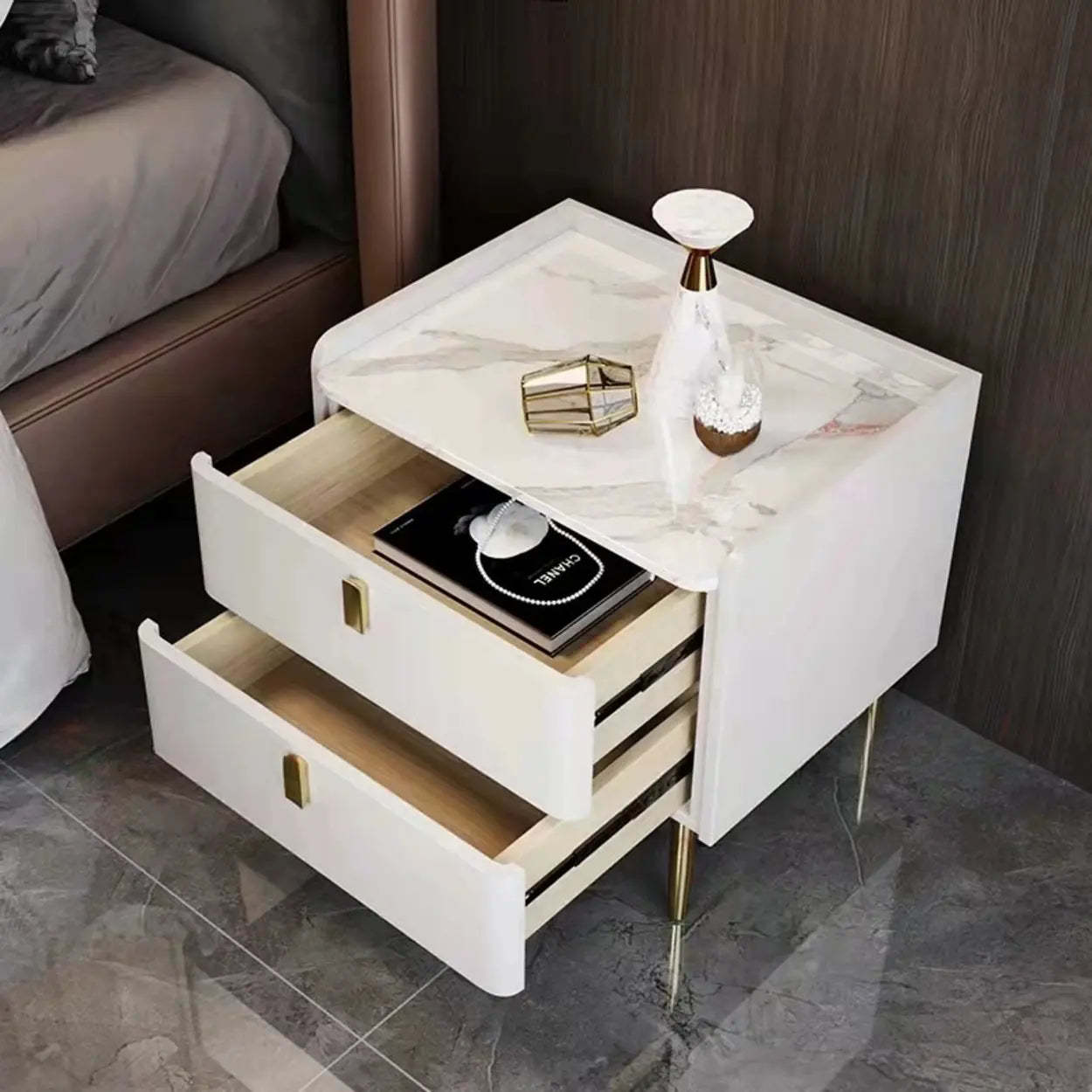 Stylish White Marble Top Nightstand with Drawers — Light Gray