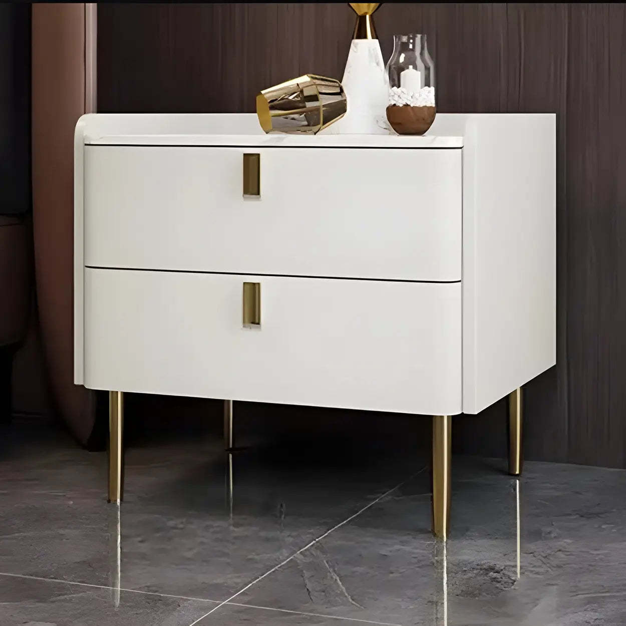 Stylish White Marble Top Nightstand with Drawers — White
