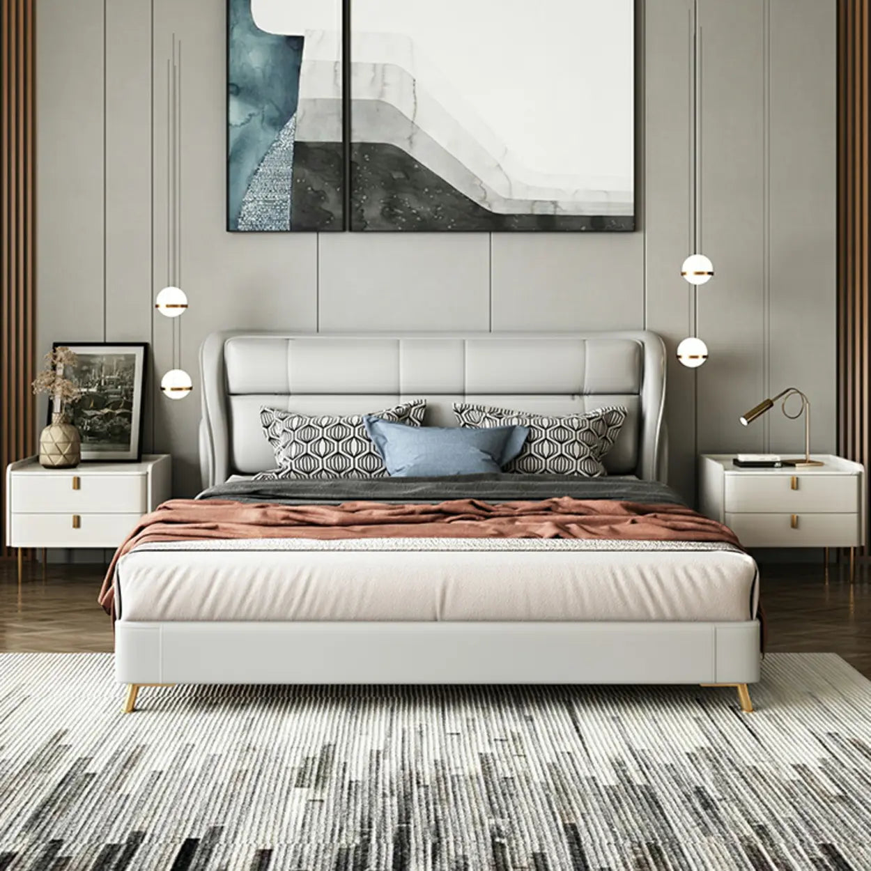 Stylish White Marble Top Nightstand with Drawers — Light Gray