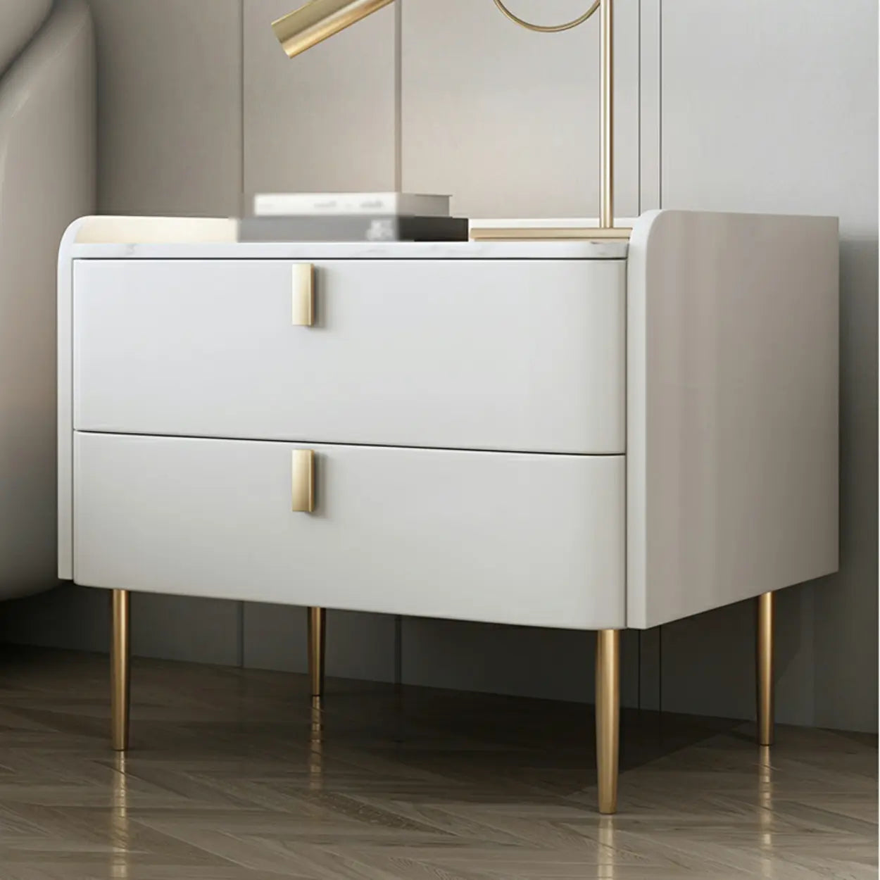 Stylish White Marble Top Nightstand with Drawers — White