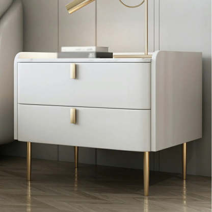 Stylish White Marble Top Nightstand with Drawers — White