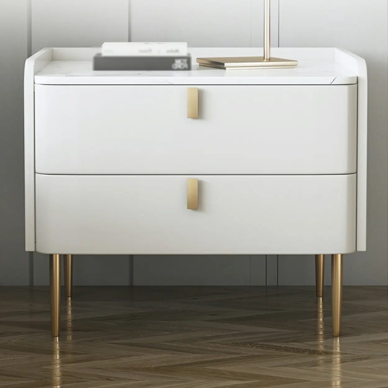 Stylish White Marble Top Nightstand with Drawers — Dark Gray