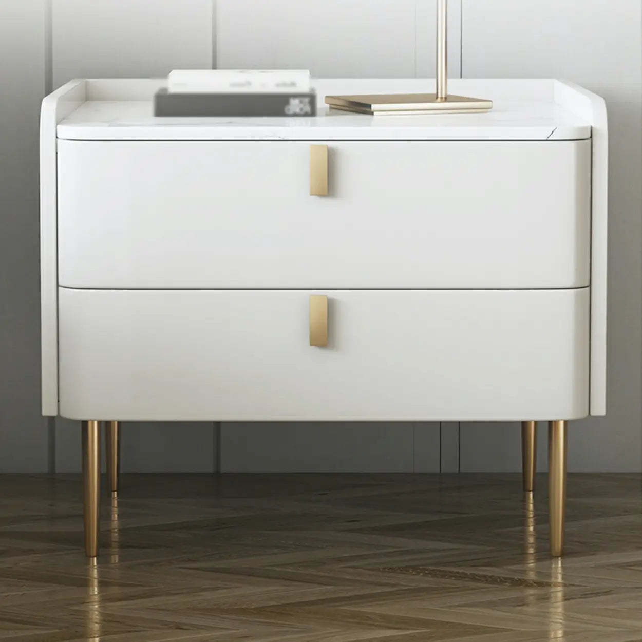 Stylish White Marble Top Nightstand with Drawers — Dark Gray