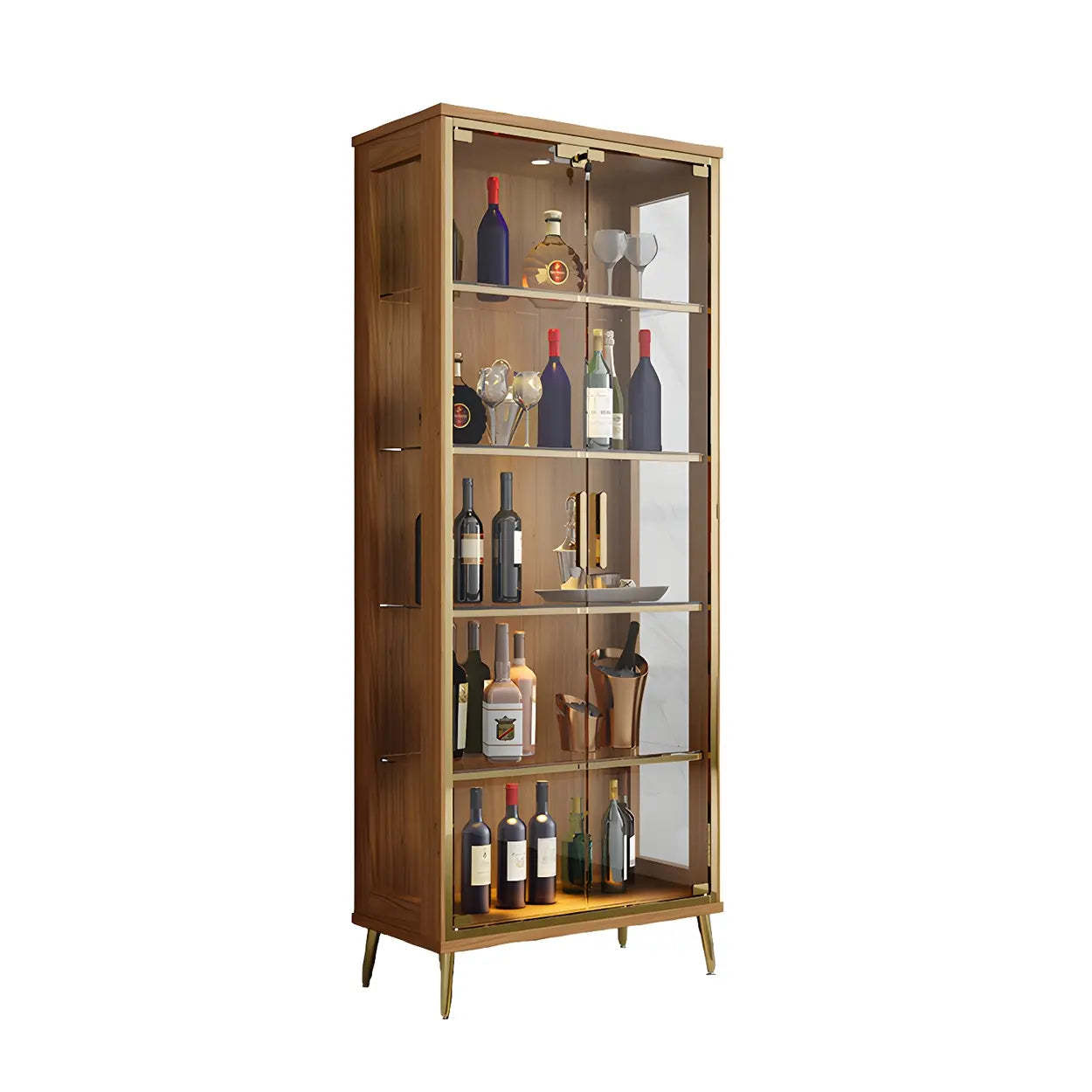 Stylish Narrow Glass Rubberwood Wine Cabinet