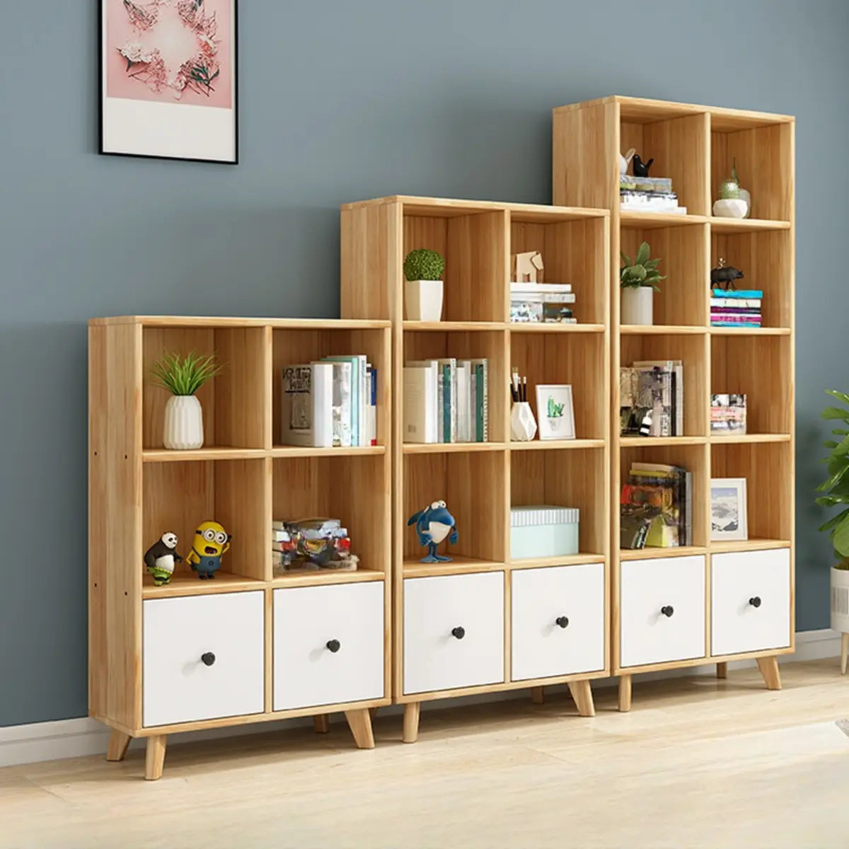 Stylish Natural Pine Wood Tall Bookcase with Drawers